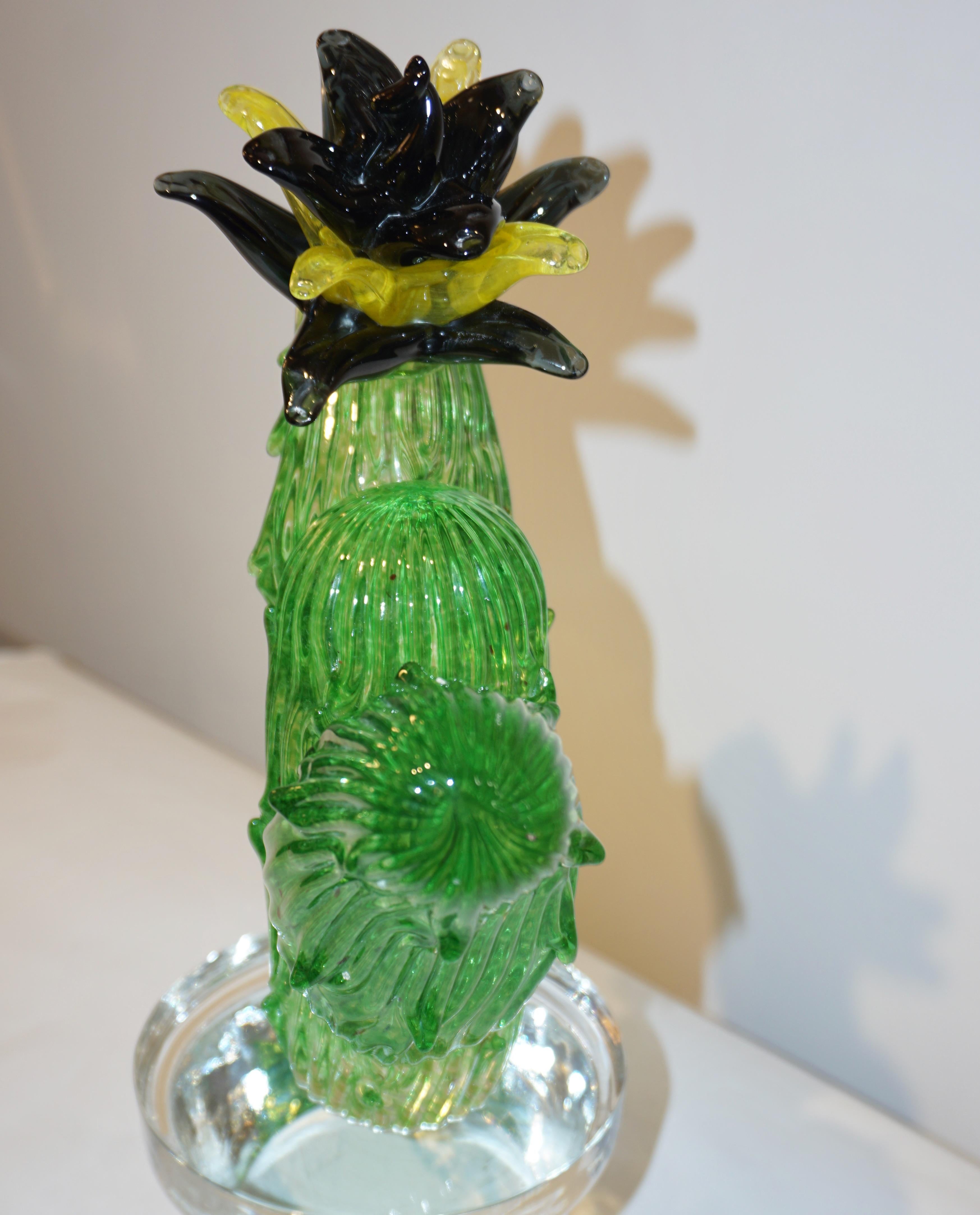 Hand-Crafted Formia Marta Marzotto Vintage Murano Glass Black Flower Cactus