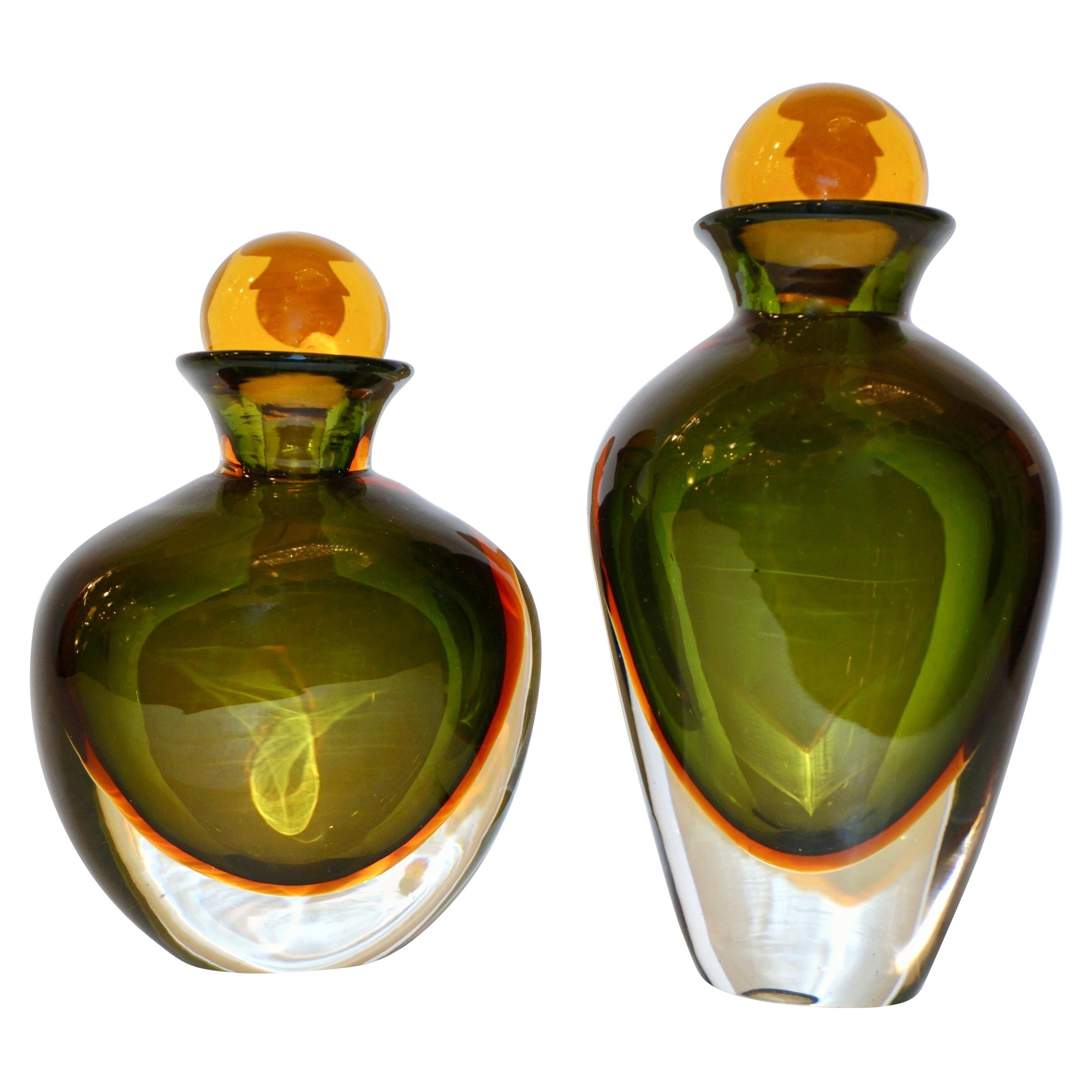 Formia Modern Italian Pair of Ovoid Yellow Green Orange Murano Glass Bottles