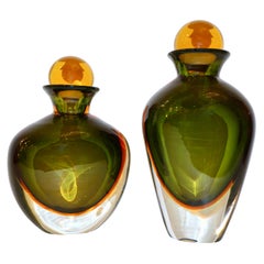 Formia Modern Italian Pair of Ovoid Yellow Green Orange Murano Glass Bottles