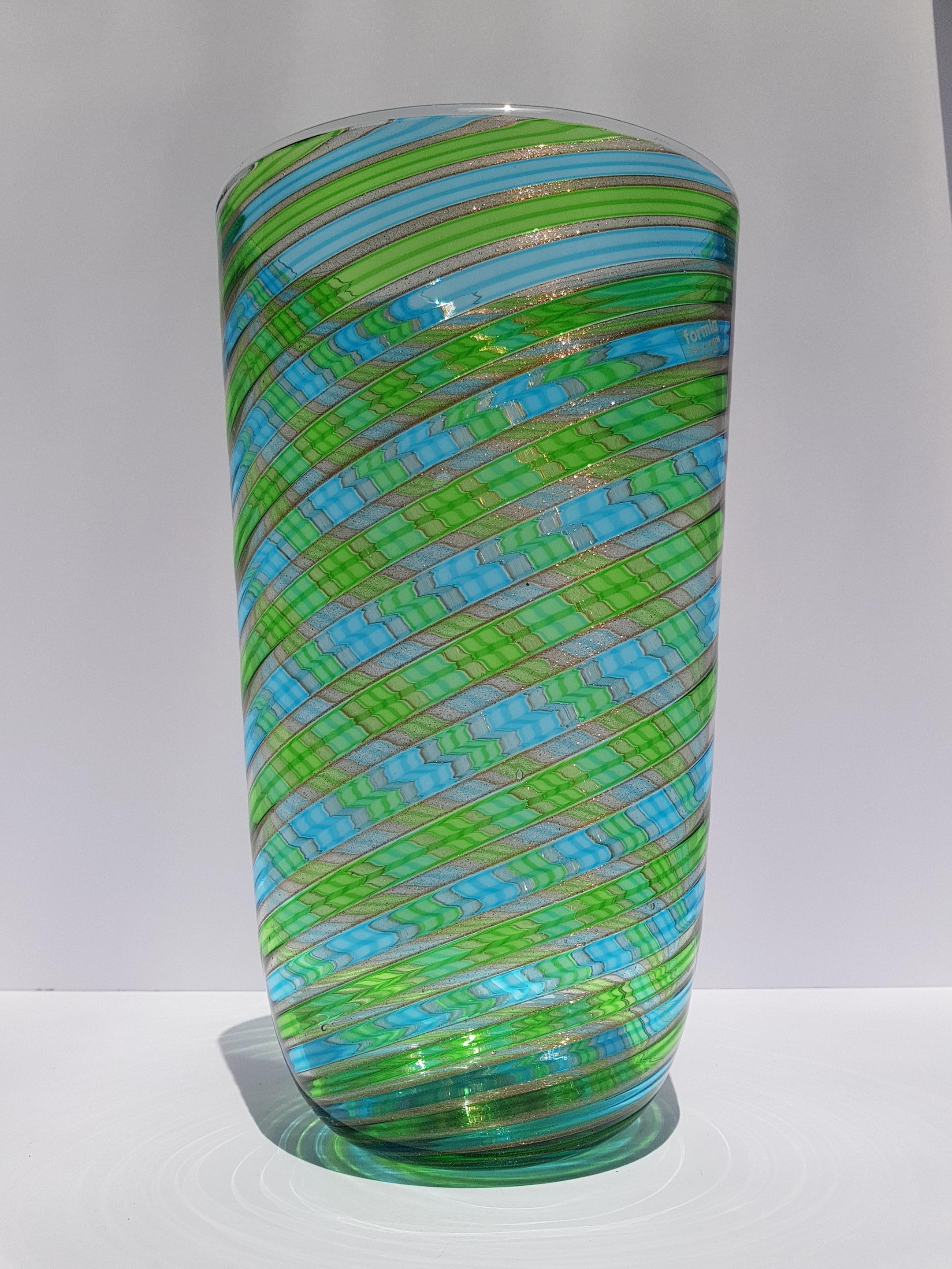 Formia Murano Jarrón de vidrio artístico Vaso de vidrio italiano veneciano Aventurina azul verde Moderno en venta