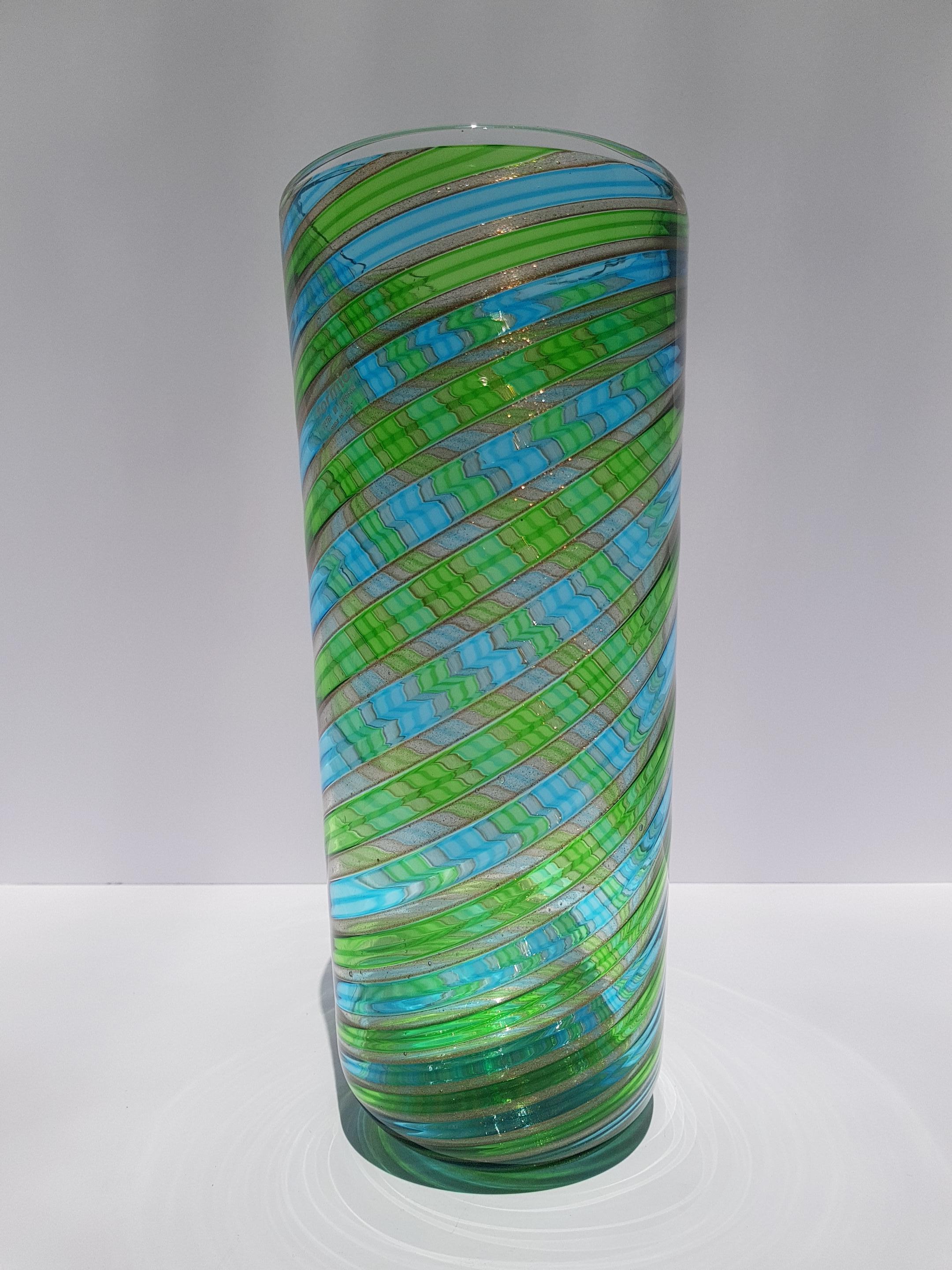 Formia Murano Jarrón de vidrio artístico Vaso de vidrio italiano veneciano Aventurina azul verde Hecho a mano en venta