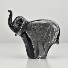 Formia Murano Black Elephant Sculpture with Silver Foil, Italian Art Glass