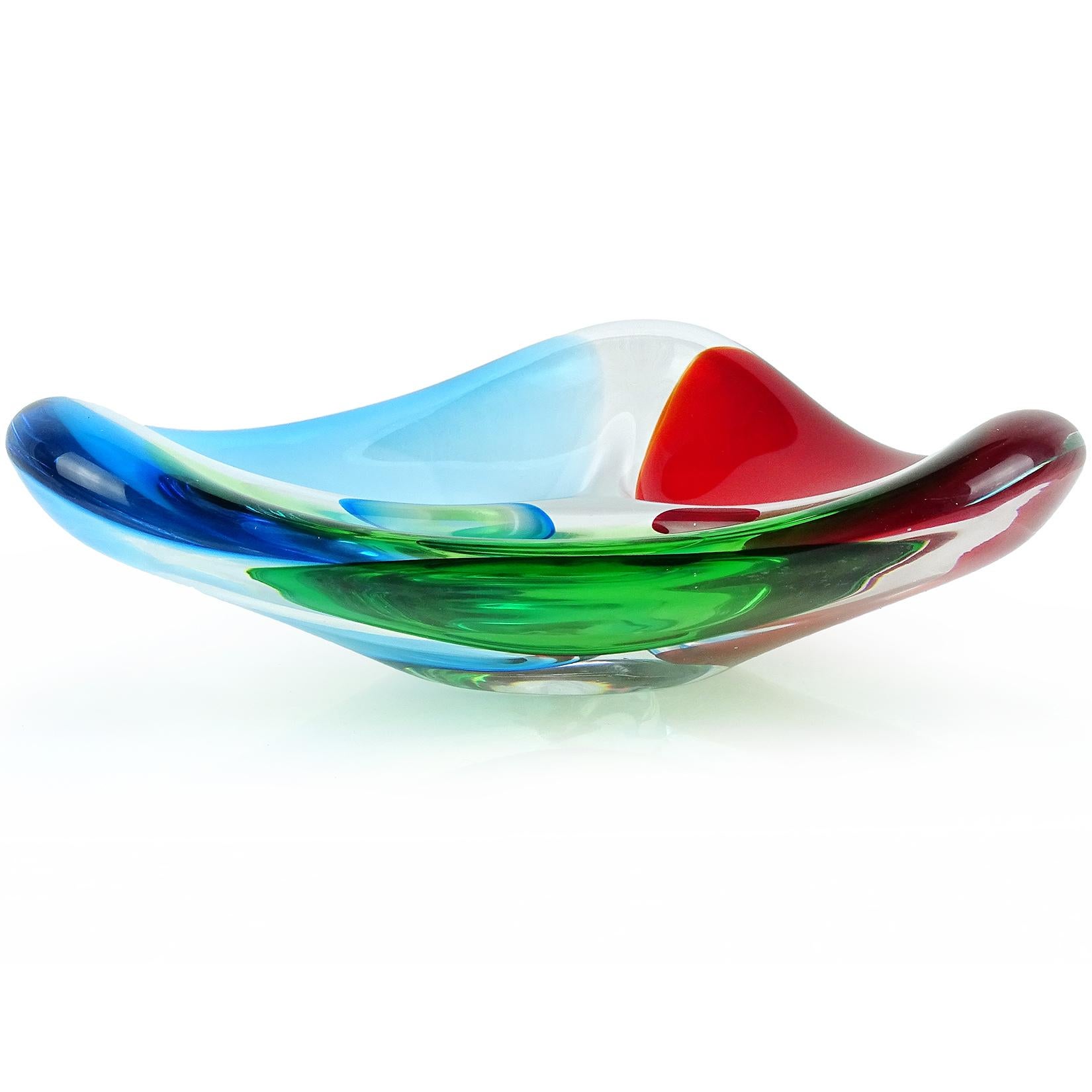 Beautiful Murano hand blown Sommerso red, blue and green Italian art glass bowl. Signed Formia Murano underneath the piece is sectioned where the colors are placed, with the clear glass in between acting as a barrier. Measures: 10