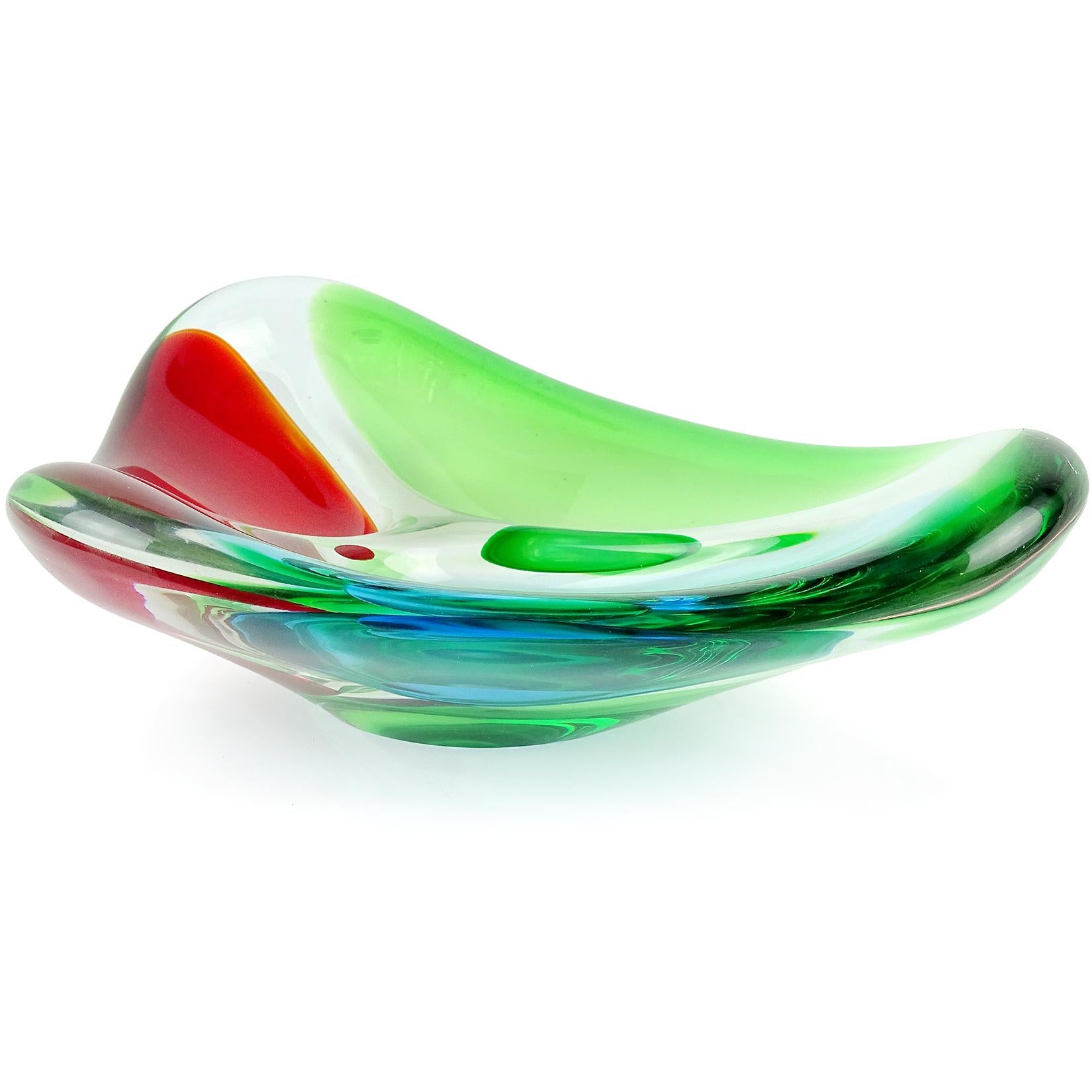 Modern Formia Murano Signed Red Green Blue Divided Italian Art Glass Decorative Bowl