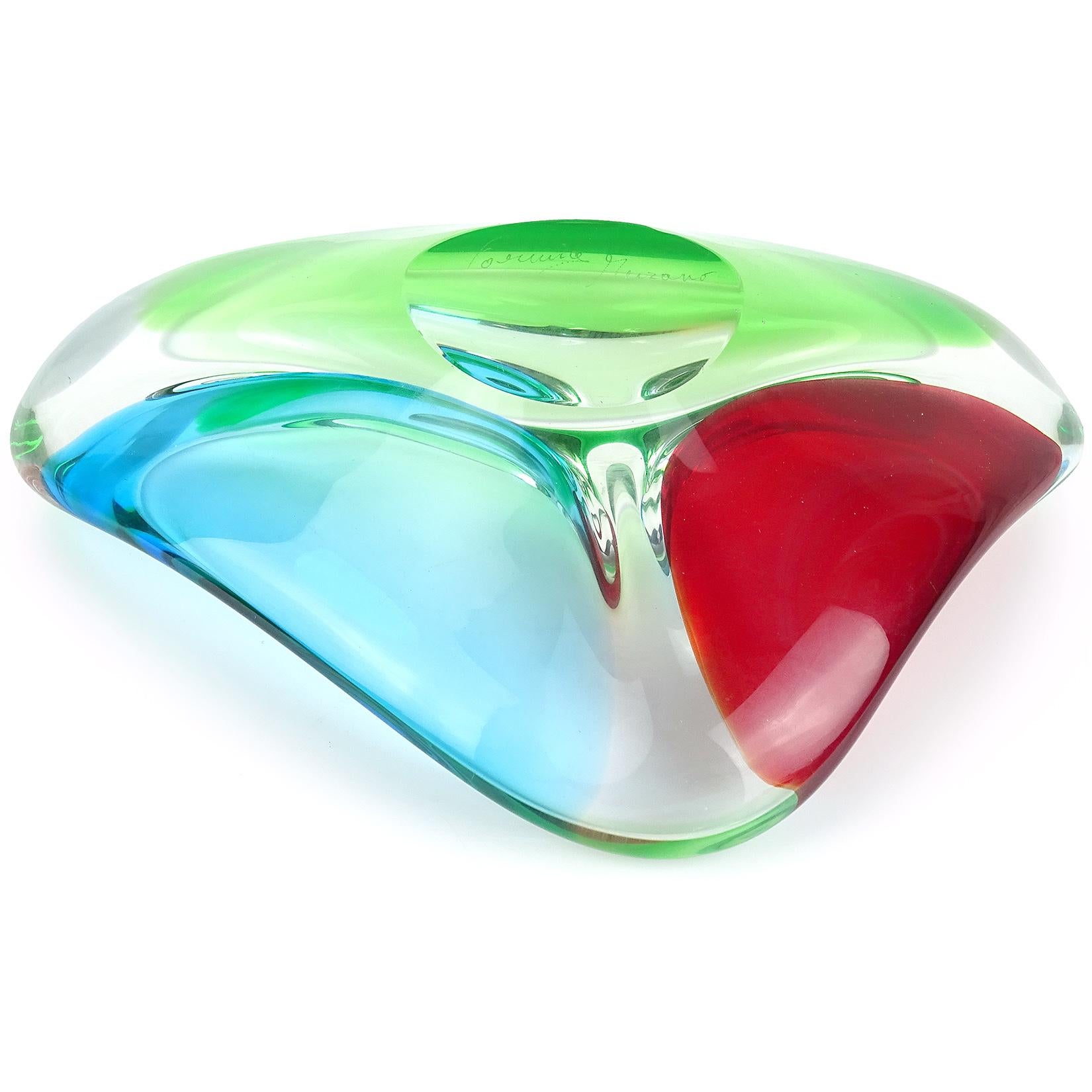 Hand-Crafted Formia Murano Signed Red Green Blue Divided Italian Art Glass Decorative Bowl