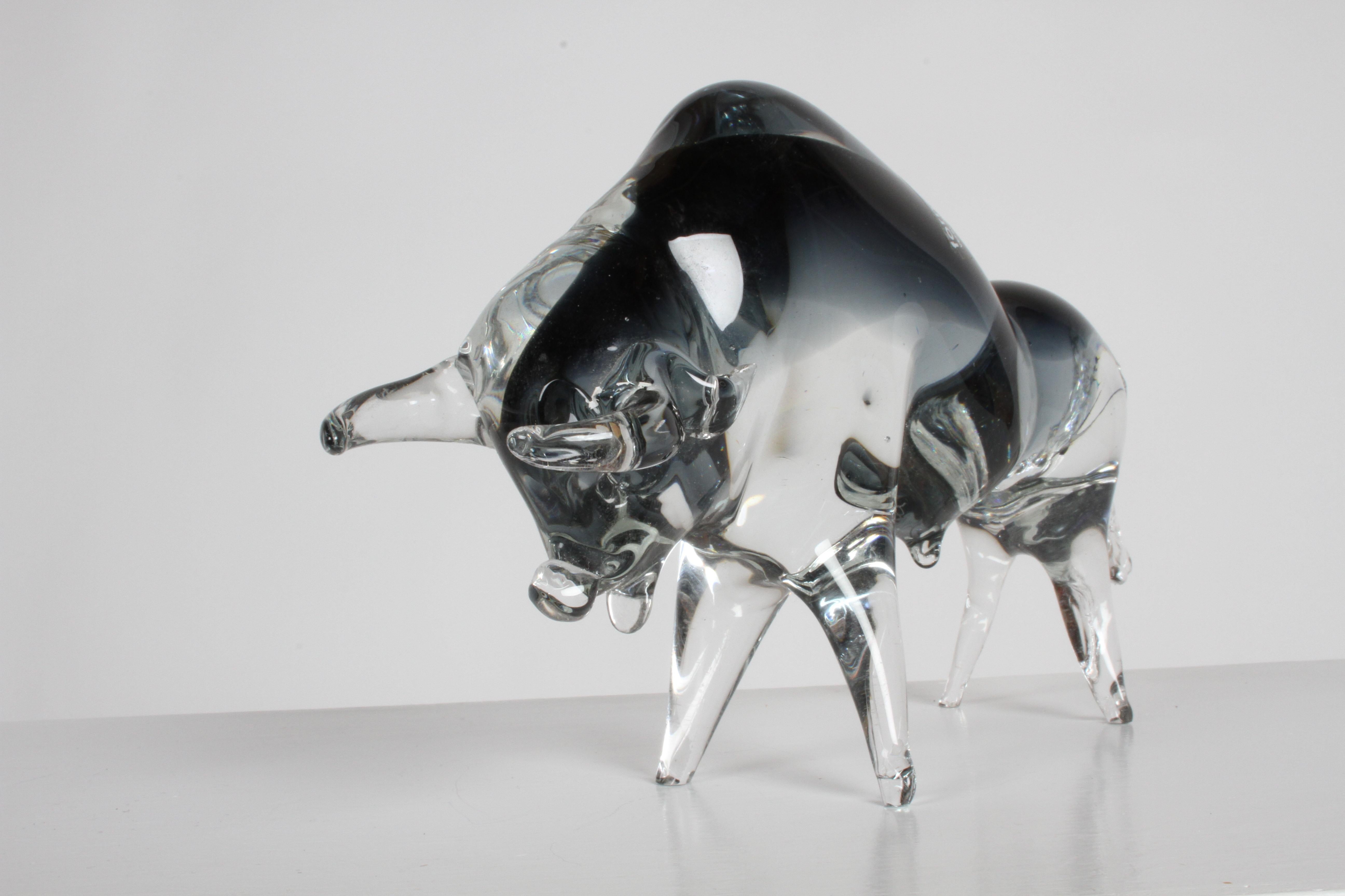 Formia Vetri Di Murano Italy, Large Clear & Smoke Grey Glass Charging Bull 1