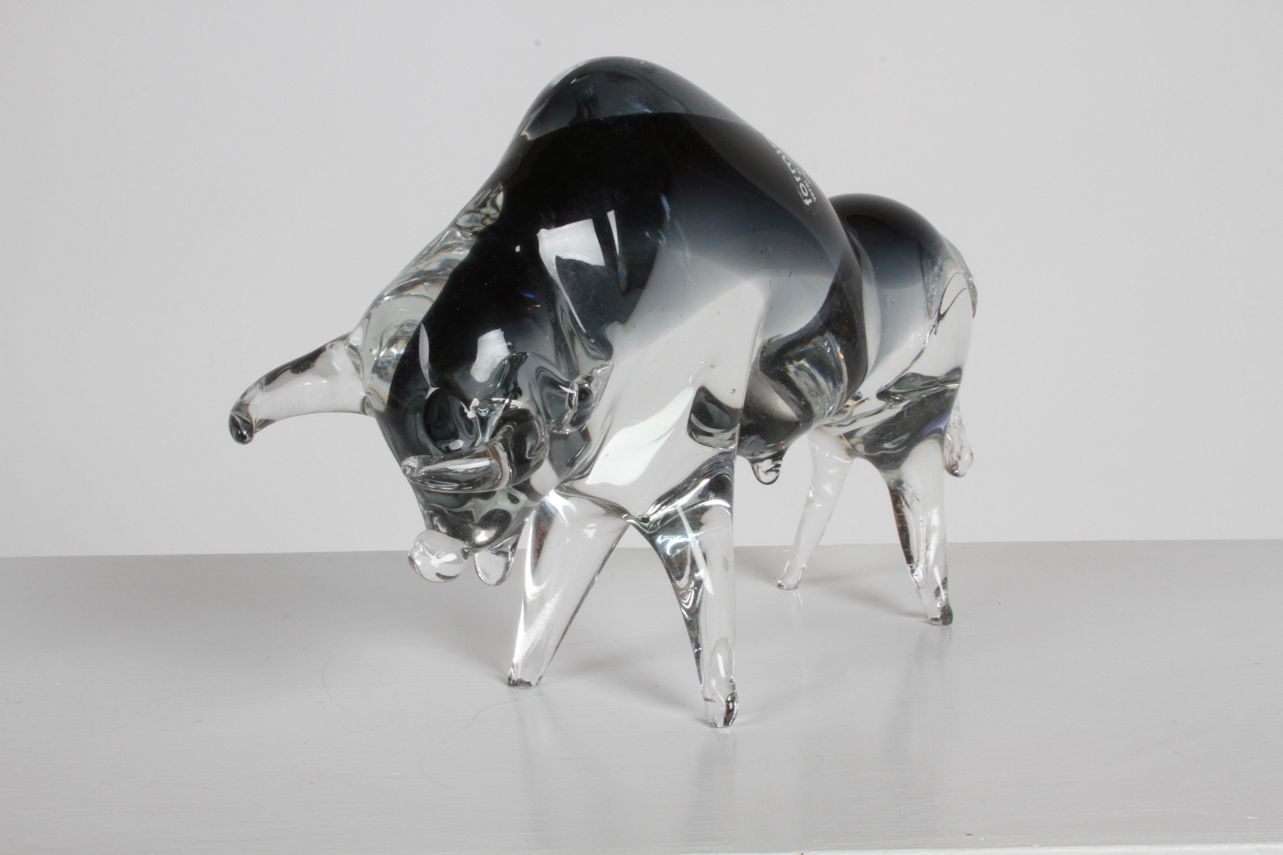 Formia Vetri Di Murano Italy, Large Clear & Smoke Grey Glass Charging Bull 2