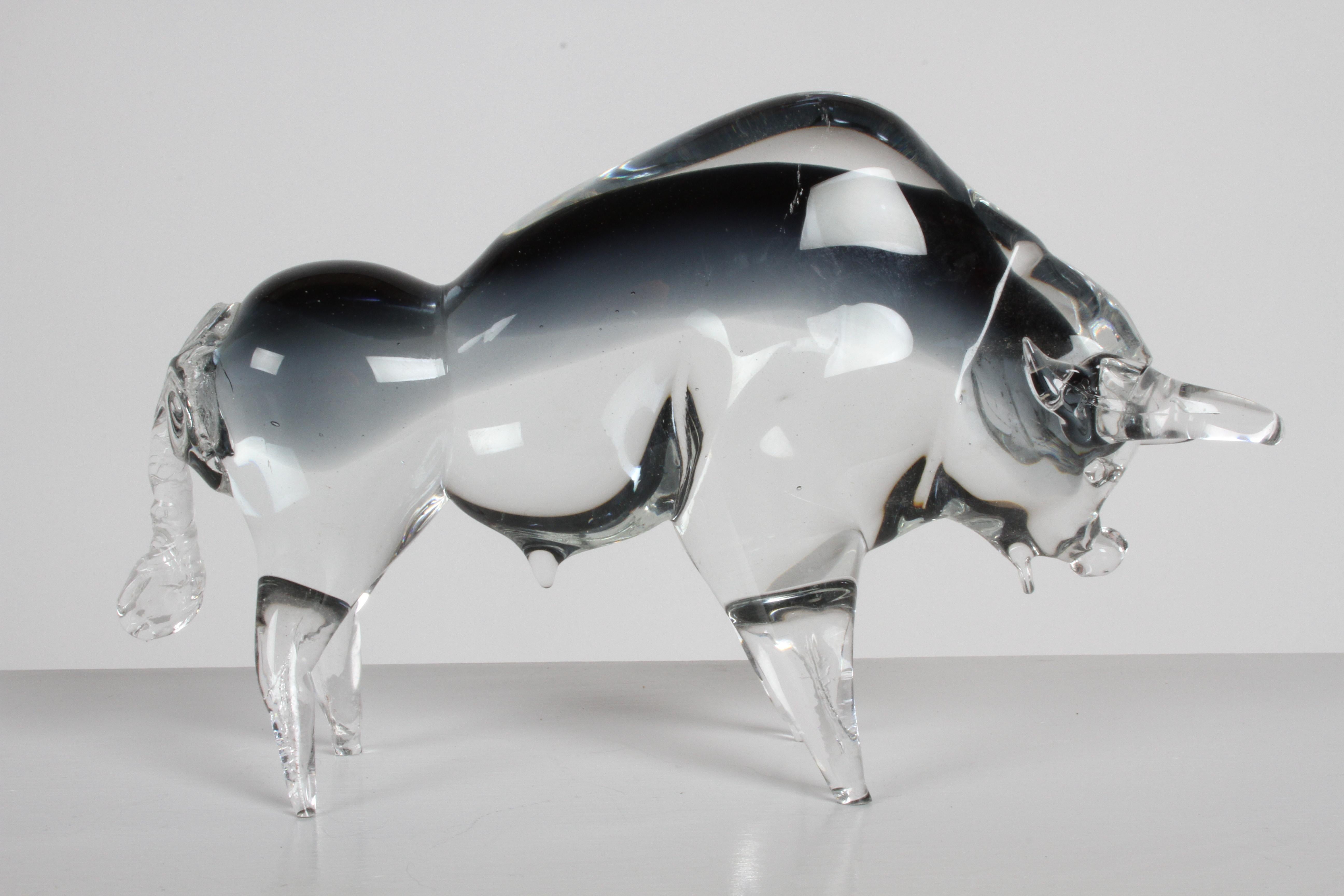 Large clear and smoke grey glass charging bull by Formia Murano Italy. Light scuffs top can maybe be buffed out, otherwise no damage. Label.