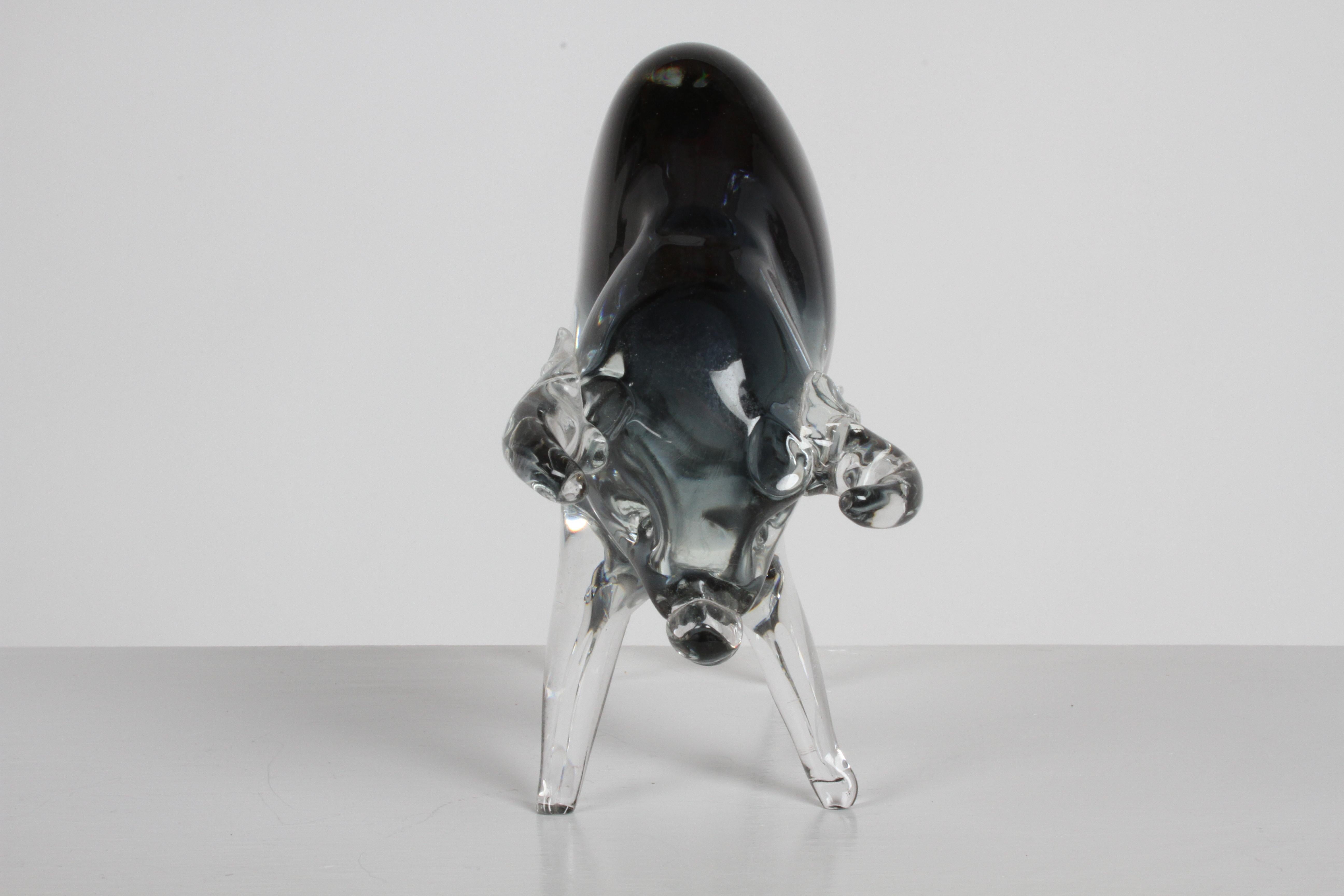 Italian Formia Vetri Di Murano Italy, Large Clear & Smoke Grey Glass Charging Bull