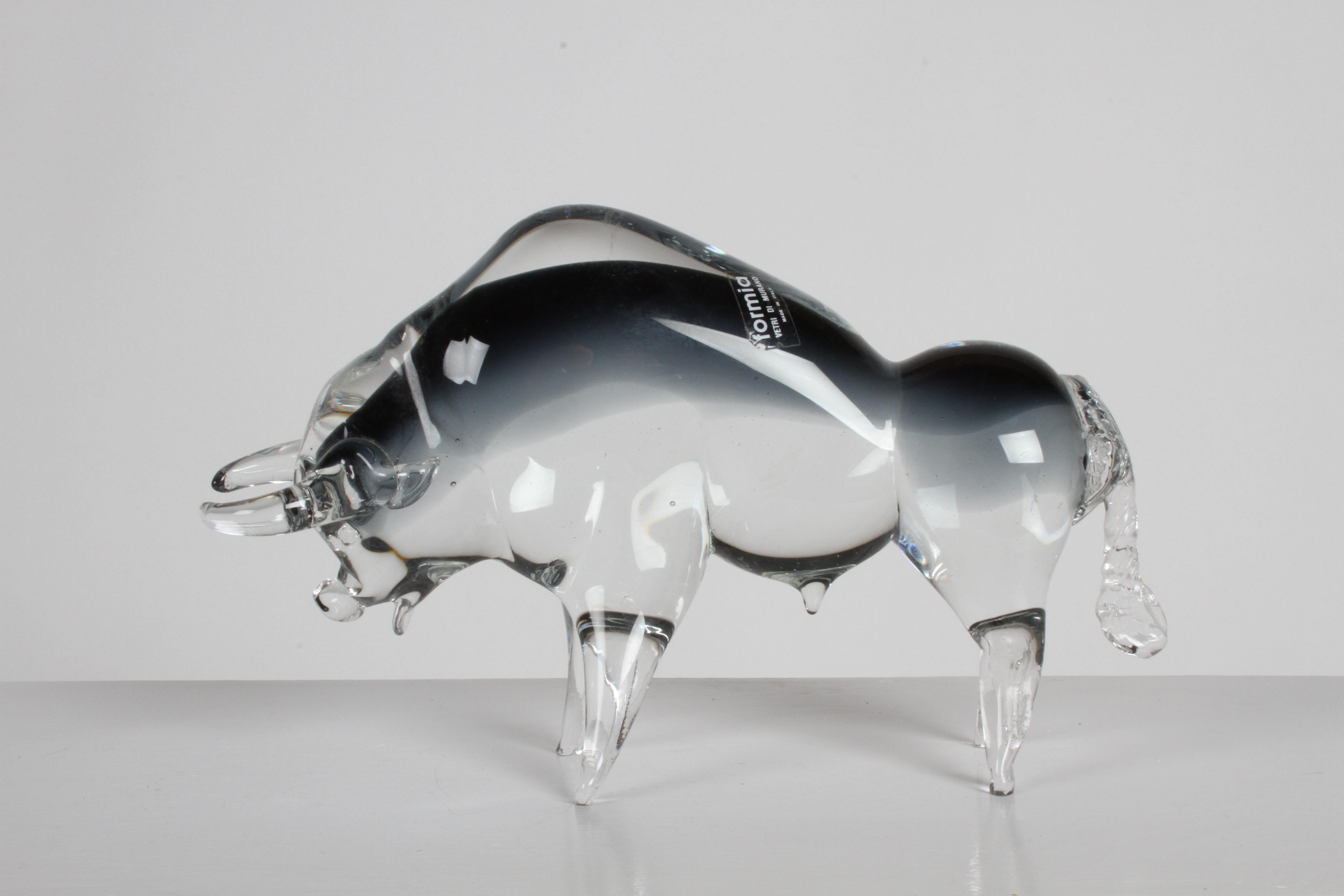 Late 20th Century Formia Vetri Di Murano Italy, Large Clear & Smoke Grey Glass Charging Bull