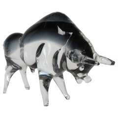 Formia Vetri Di Murano Italy, Large Clear & Smoke Grey Glass Charging Bull