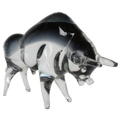 Formia Vetri Di Murano Italy, Large Clear & Smoke Grey Glass Charging Bull 