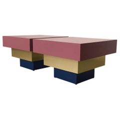 Formica Dusty Rose and Brass Stepped Side Tables Midcentury a La Karl Springer