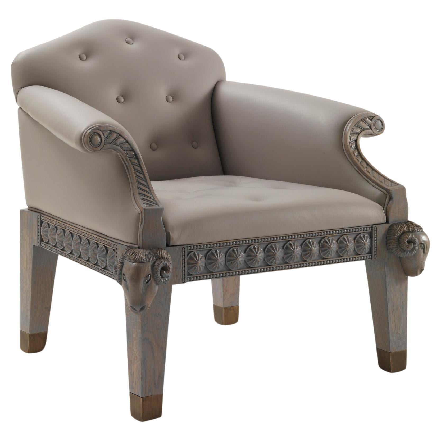 Formidable Beast Gray Oak Armchair with Buttons - Wooden Rams and Tips For Sale