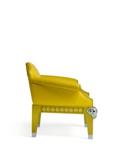 Formidable Beast Uhpholstered Yellow Armchair with Chrome Rams and Seat Buttons