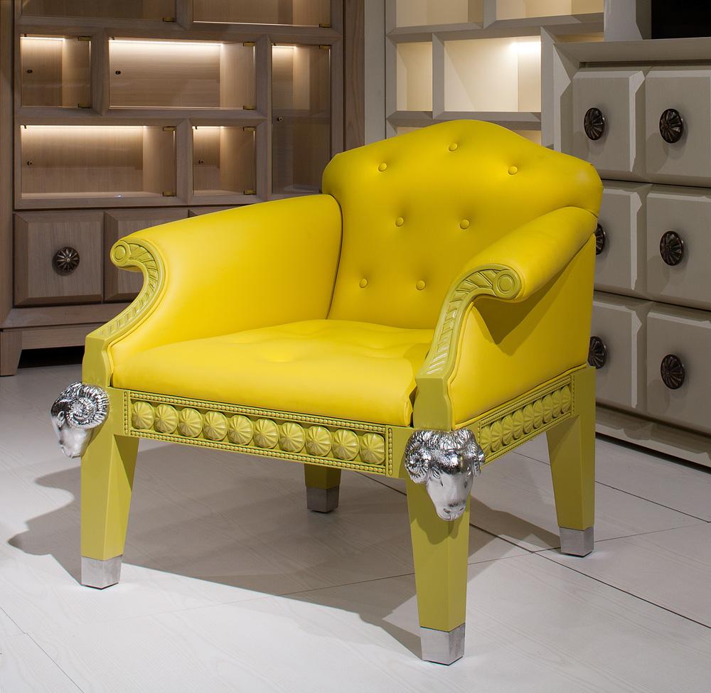 Italian Formidable Beast Uhpholstered Yellow Armchair with Chrome Rams and Seat Buttons For Sale