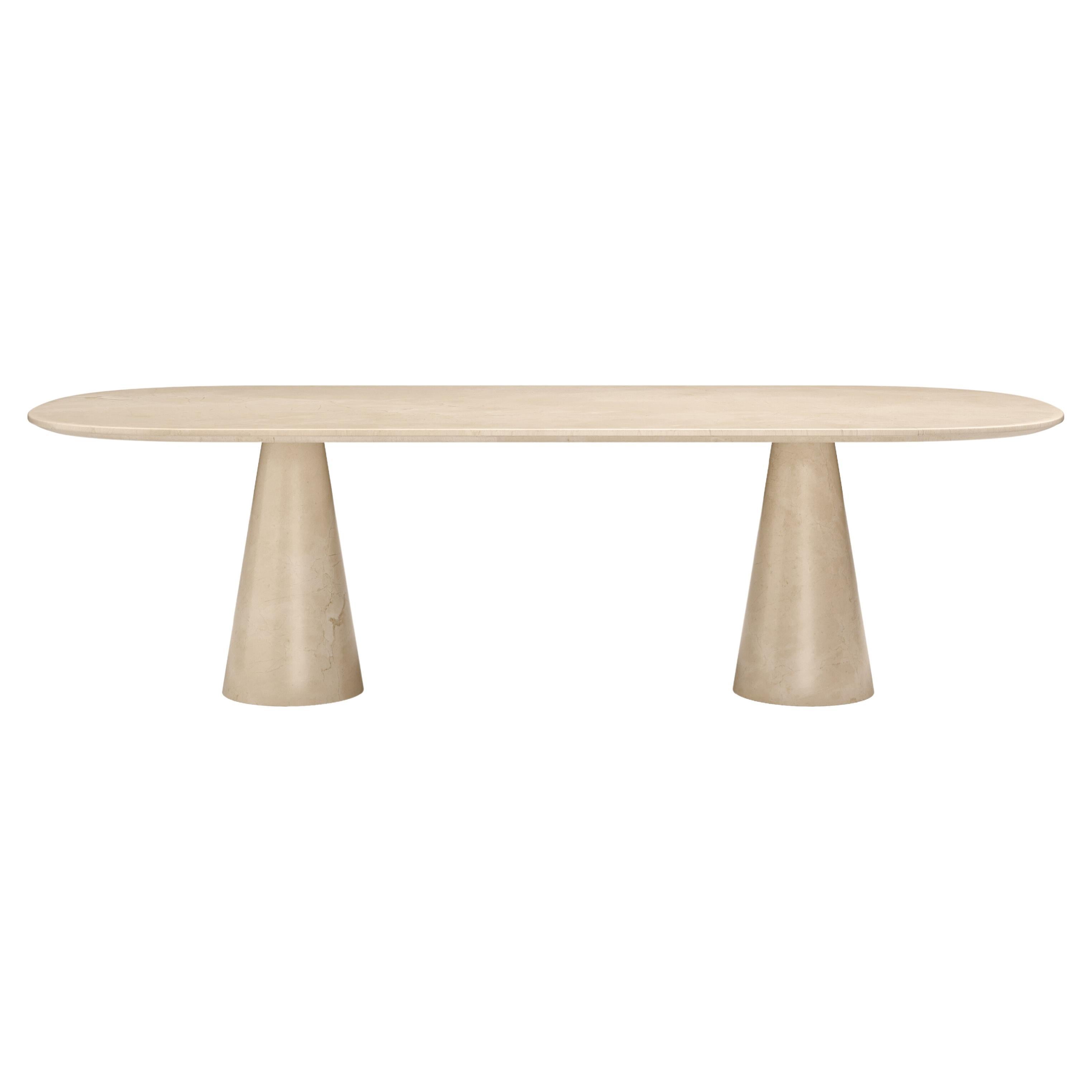 FORM(LA) Cono Oval Dining Table 108”L x 48”W x 30”H Crema Marfil Marble For Sale