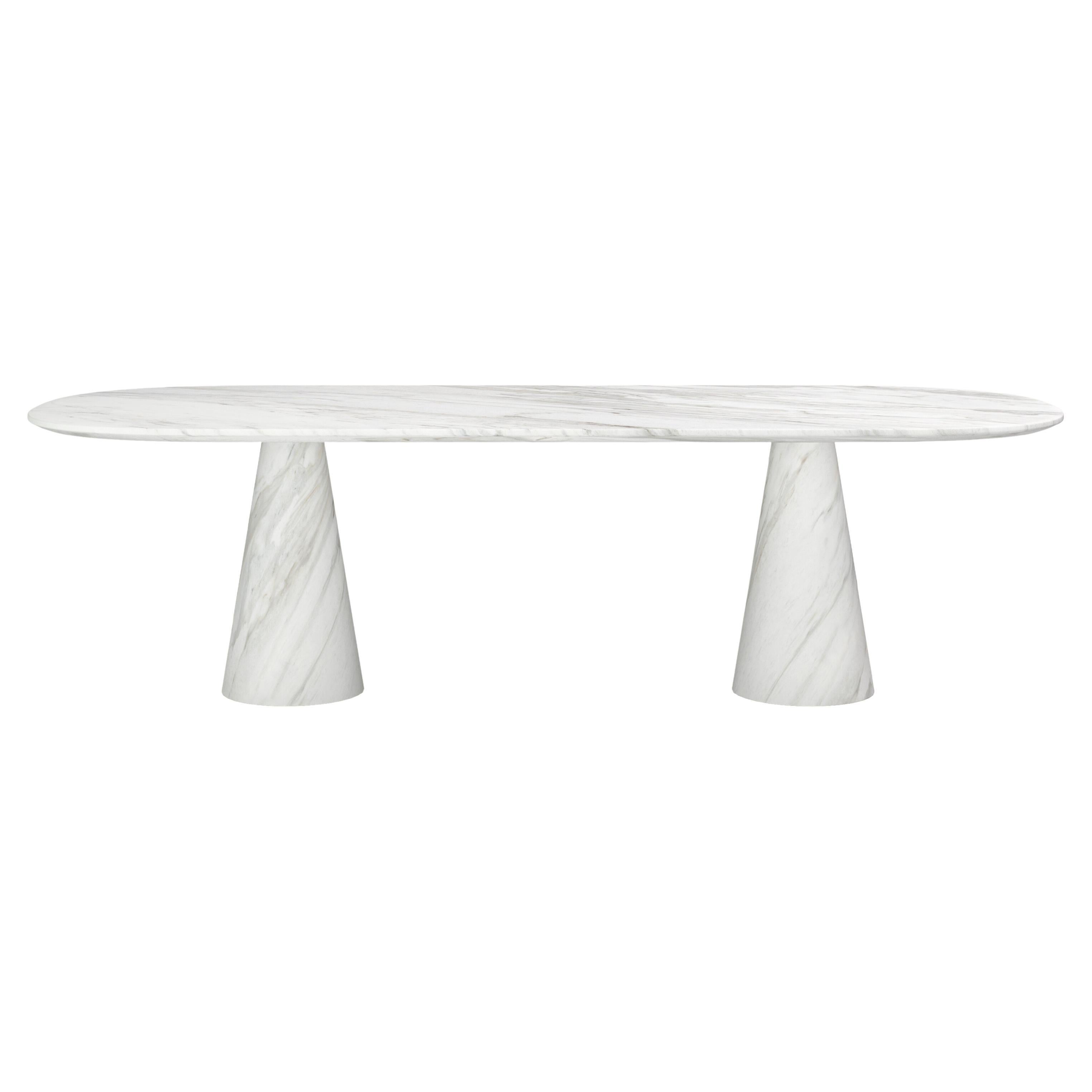 FORM(LA) Cono Oval Dining Table 108”L x 48”W x 30”H Volakas White Marble For Sale