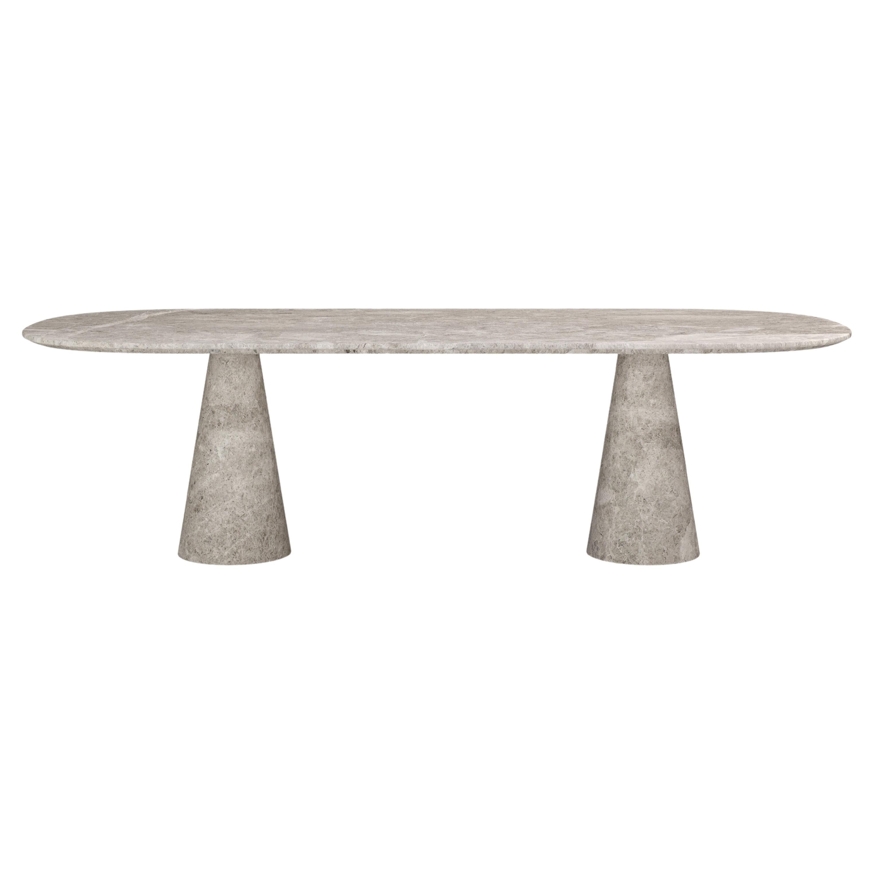 FORM(LA) Cono Oval Dining Table 118”L x 48”W x 30”H Tundra Gray Marble For Sale