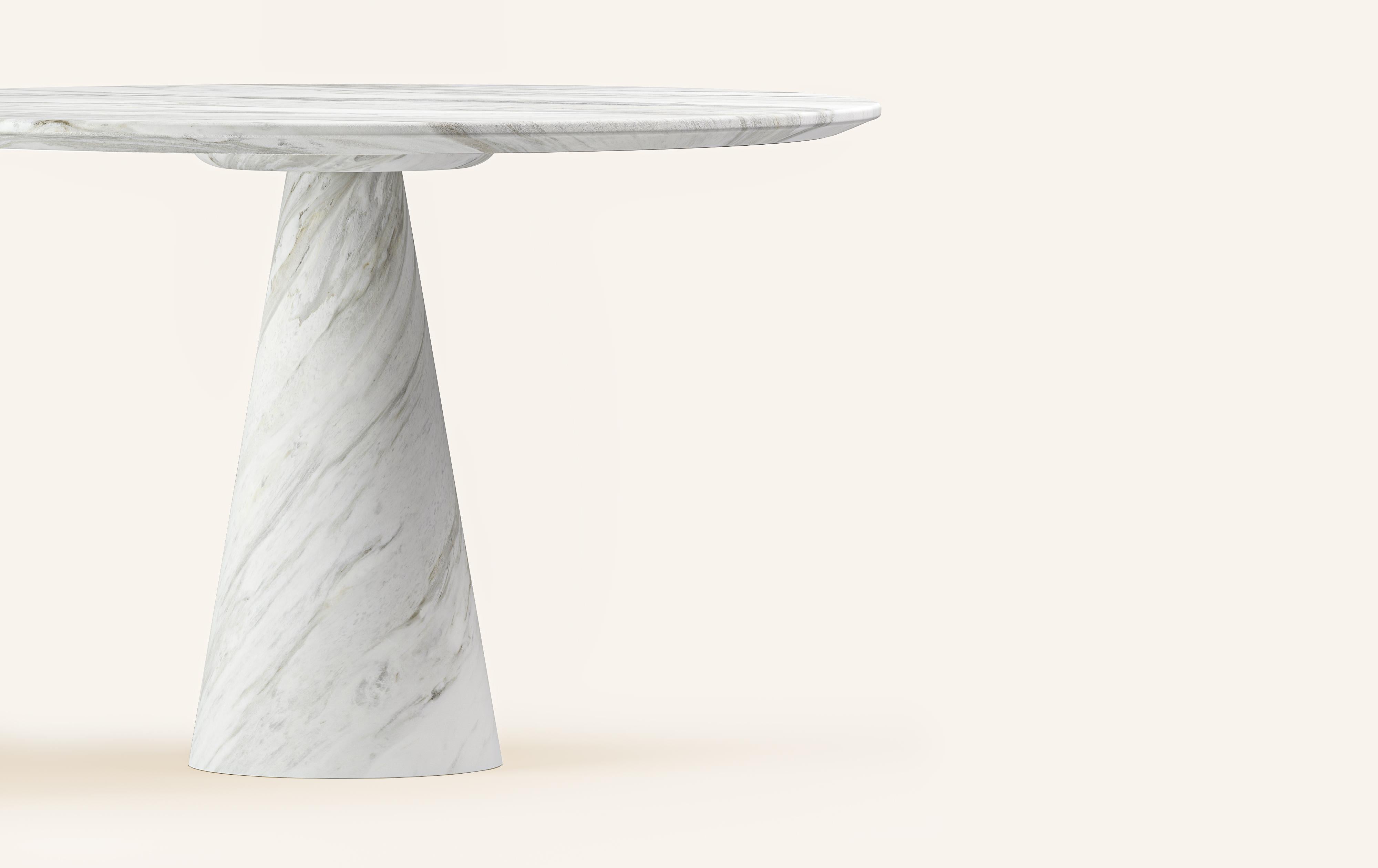 Organic Modern FORM(LA) Cono Round Dining Table 42”L x 42”W x 30”H Volakas White Marble For Sale