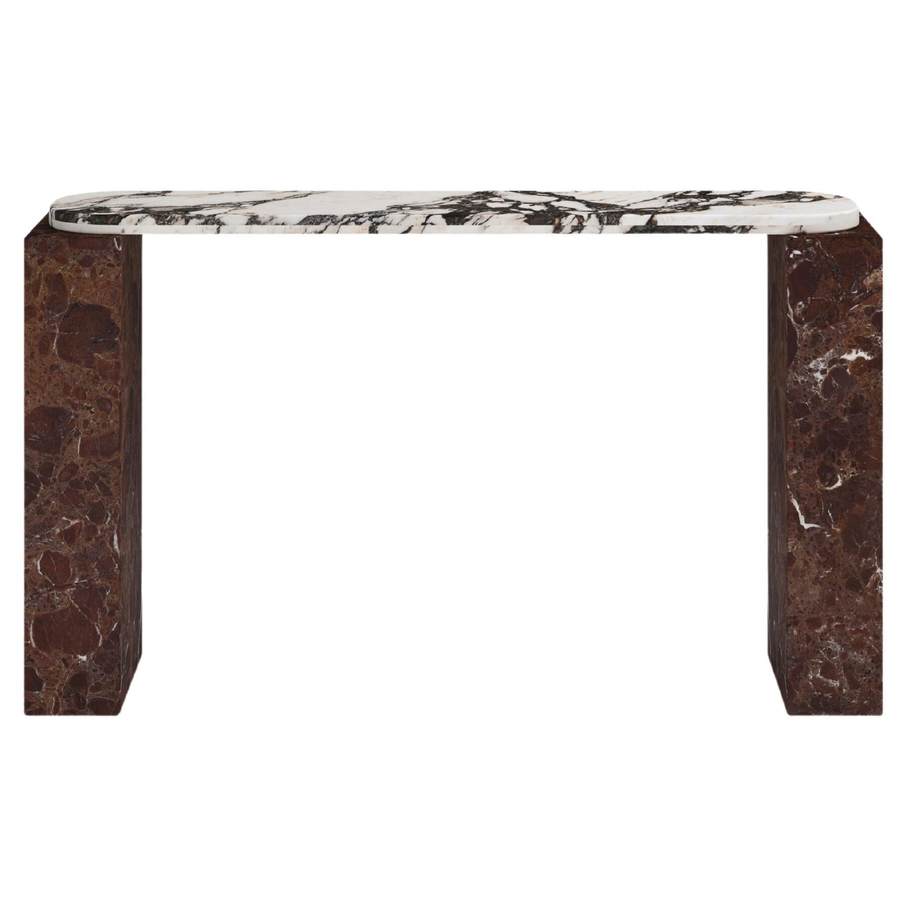 FORM(LA) Cubo Console Table 50”L x 17”W x 36”H Calacatta Viola & Rosso Marble For Sale