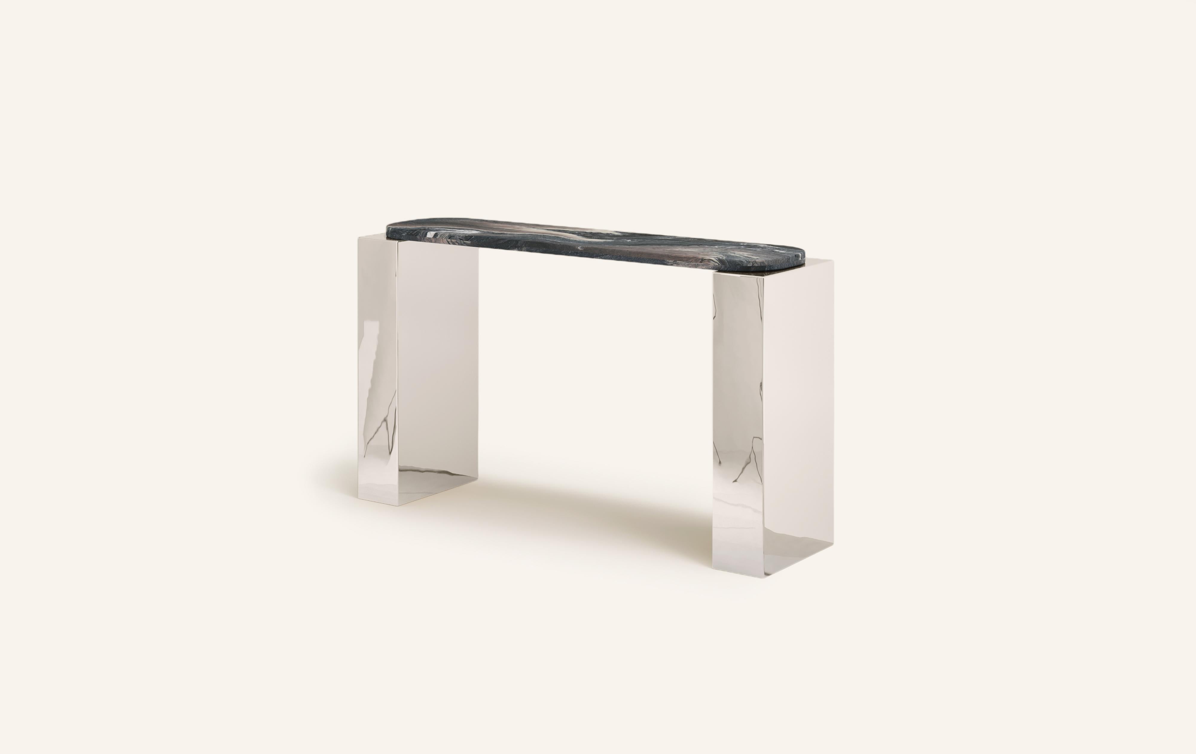 Organic Modern FORM(LA) Cubo Console Table 50”L x 17”W x 36”H Ondulato Marble & Chrome For Sale