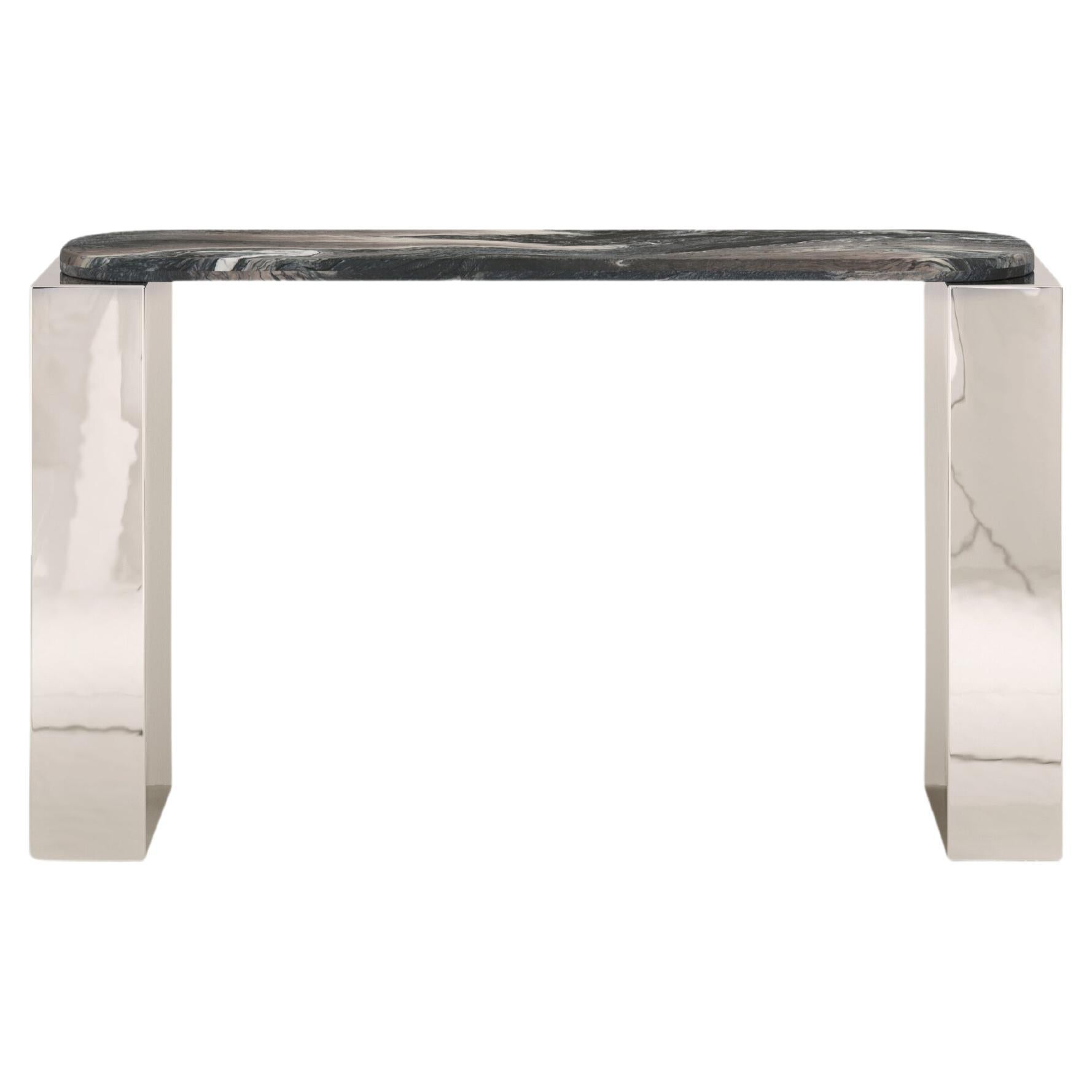 FORM(LA) Cubo Console Table 50”L x 17”W x 36”H Ondulato Marble & Chrome For Sale
