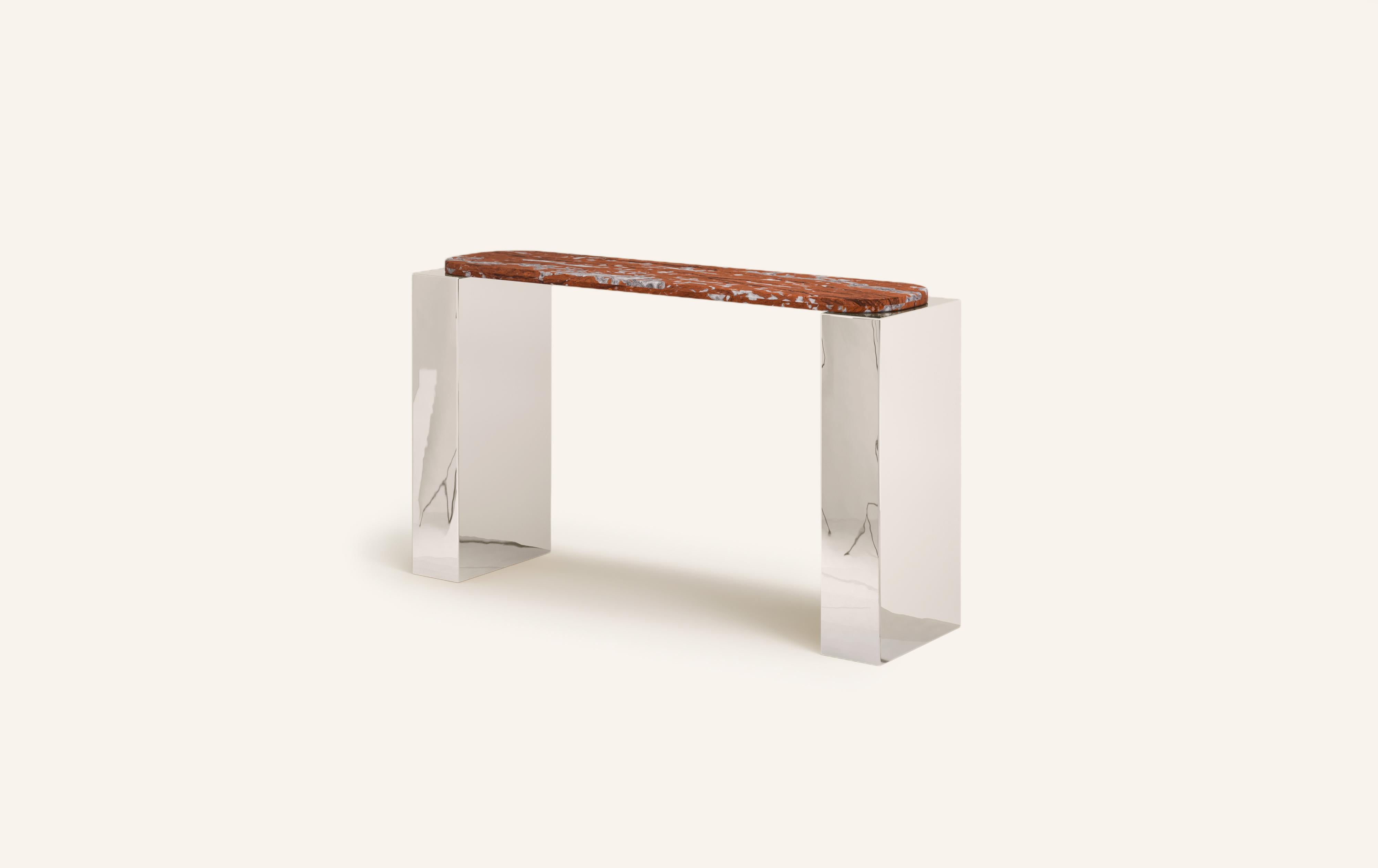 Organic Modern FORM(LA) Cubo Console Table 50”L x 17”W x 36”H Rosso Francia Marble & Chrome For Sale