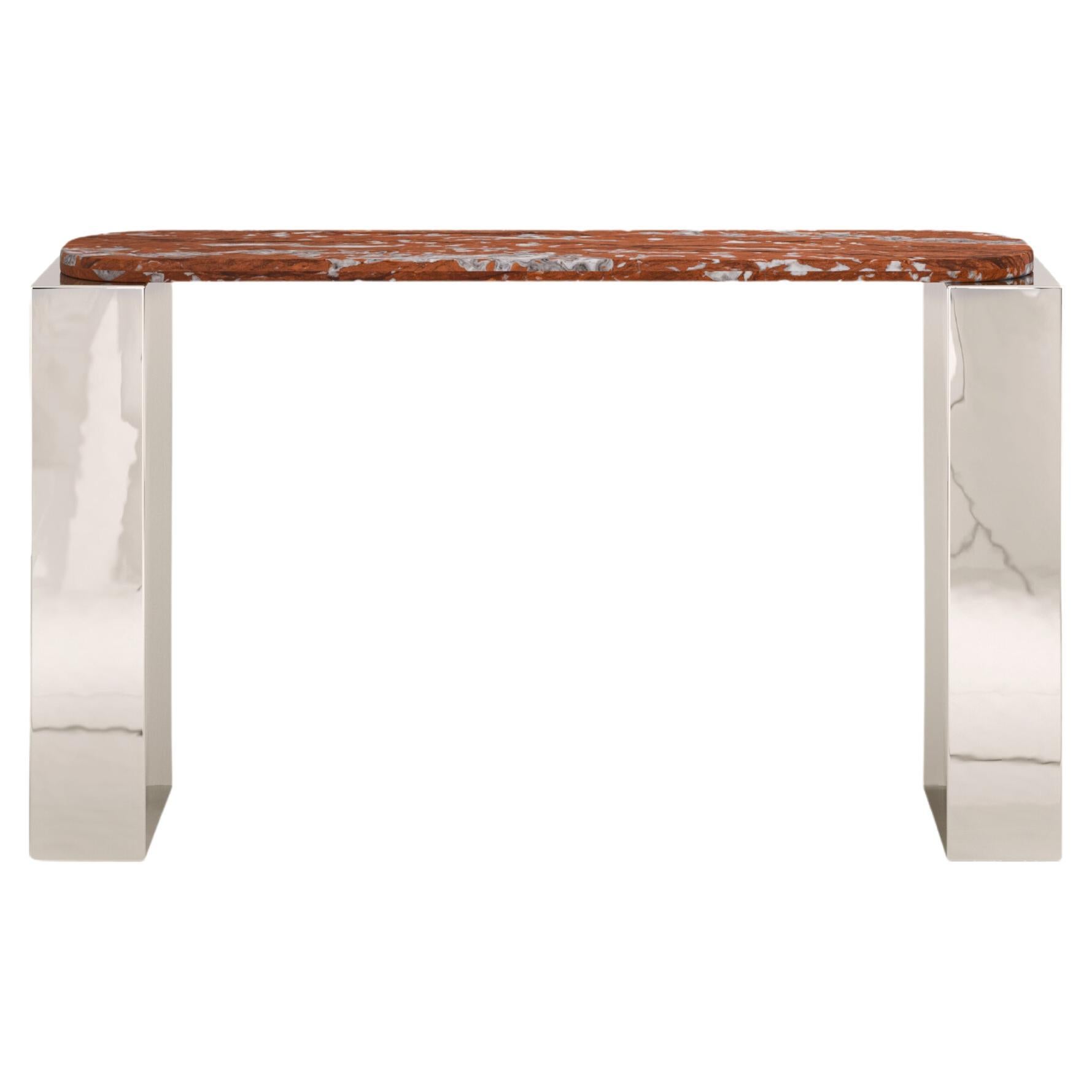 FORM(LA) Cubo Console Table 50”L x 17”W x 36”H Rosso Francia Marble & Chrome For Sale