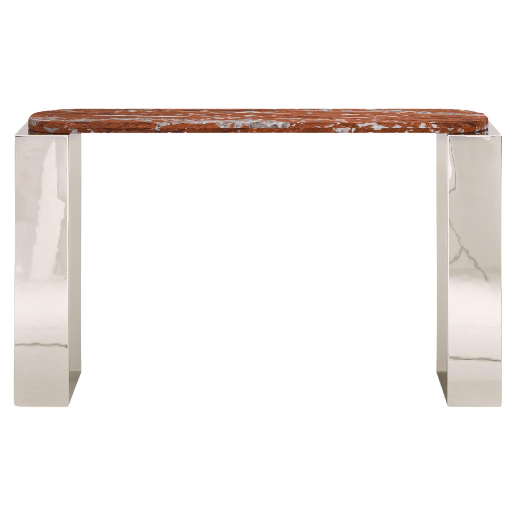 FORM(LA) Cubo Console Table 50”L x 17”W x 36”H Rosso Francia Marble & Chrome