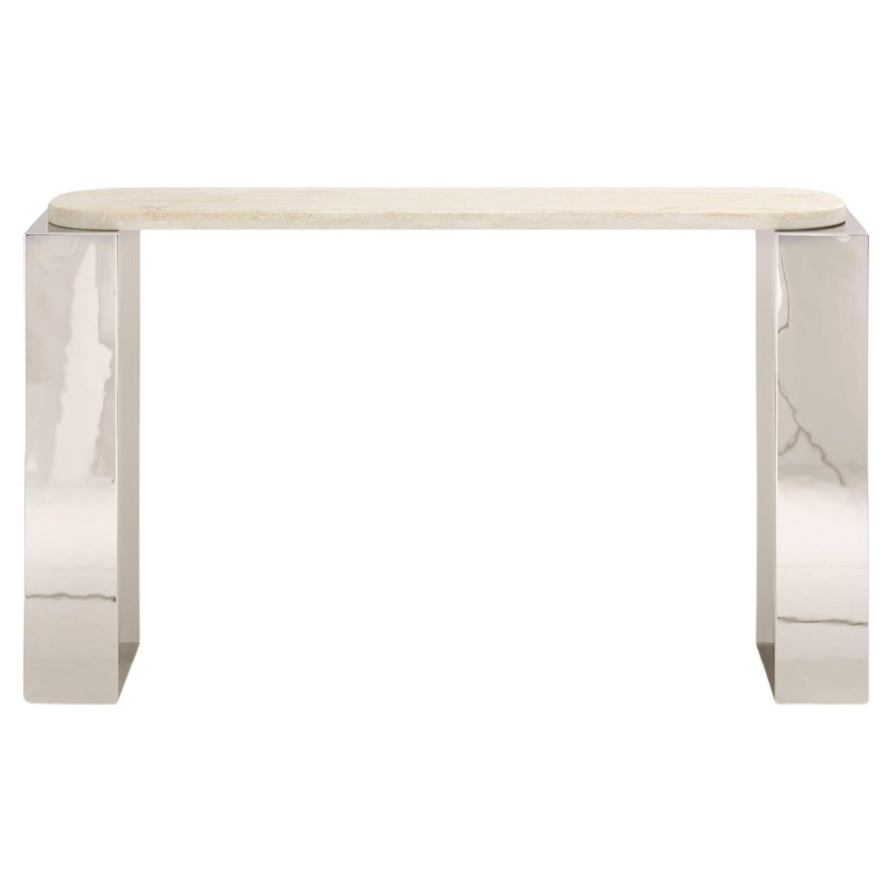 FORM(LA) Cubo Console Table 50”L x 17”W x 36”H Travertino Navona VC & Chrome For Sale