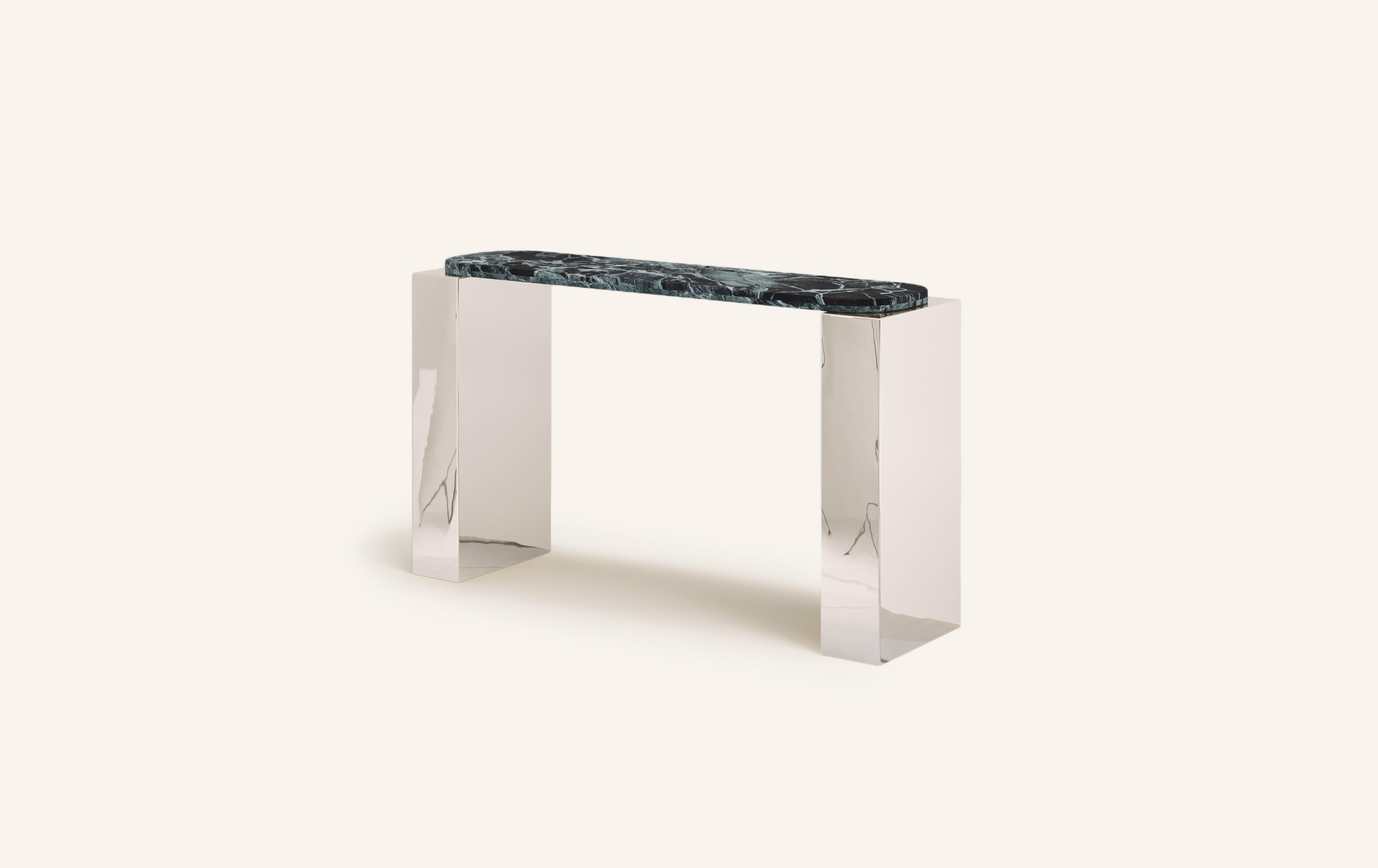 Organic Modern FORM(LA) Cubo Console Table 50”L x 17”W x 36”H Verde Alpi Marble & Chrome For Sale