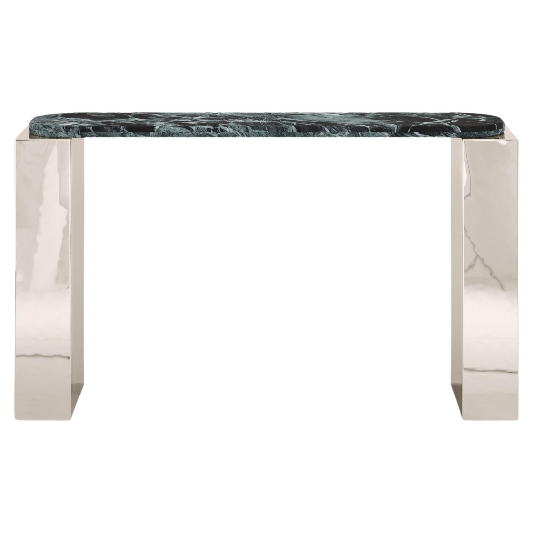 FORM(LA) Cubo Console Table 50”L x 17”W x 36”H Verde Alpi Marble & Chrome For Sale
