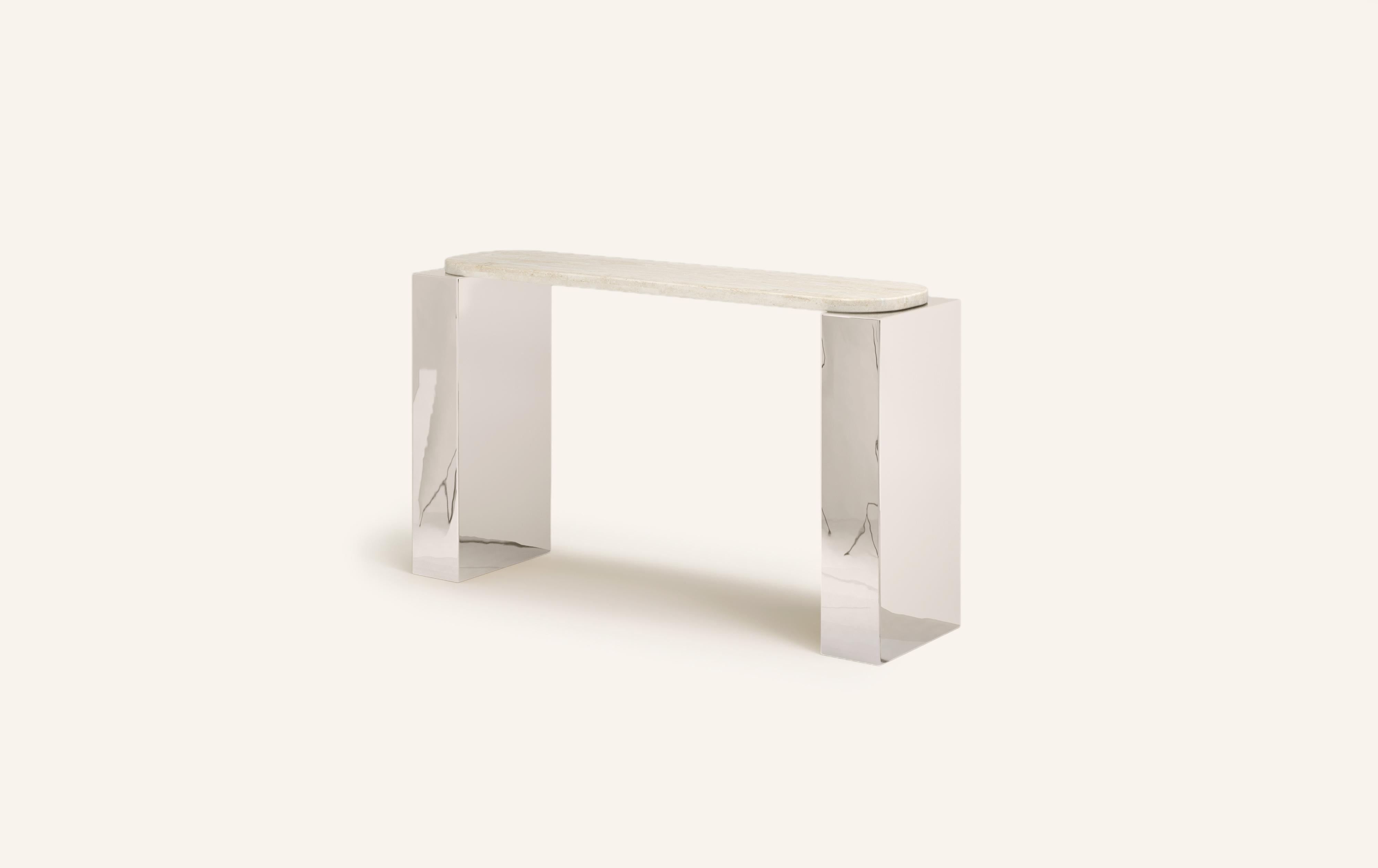 Organic Modern FORM(LA) Cubo Console Table 62”L x 17”W x 36”H Tavertino Navona VC & Chrome For Sale