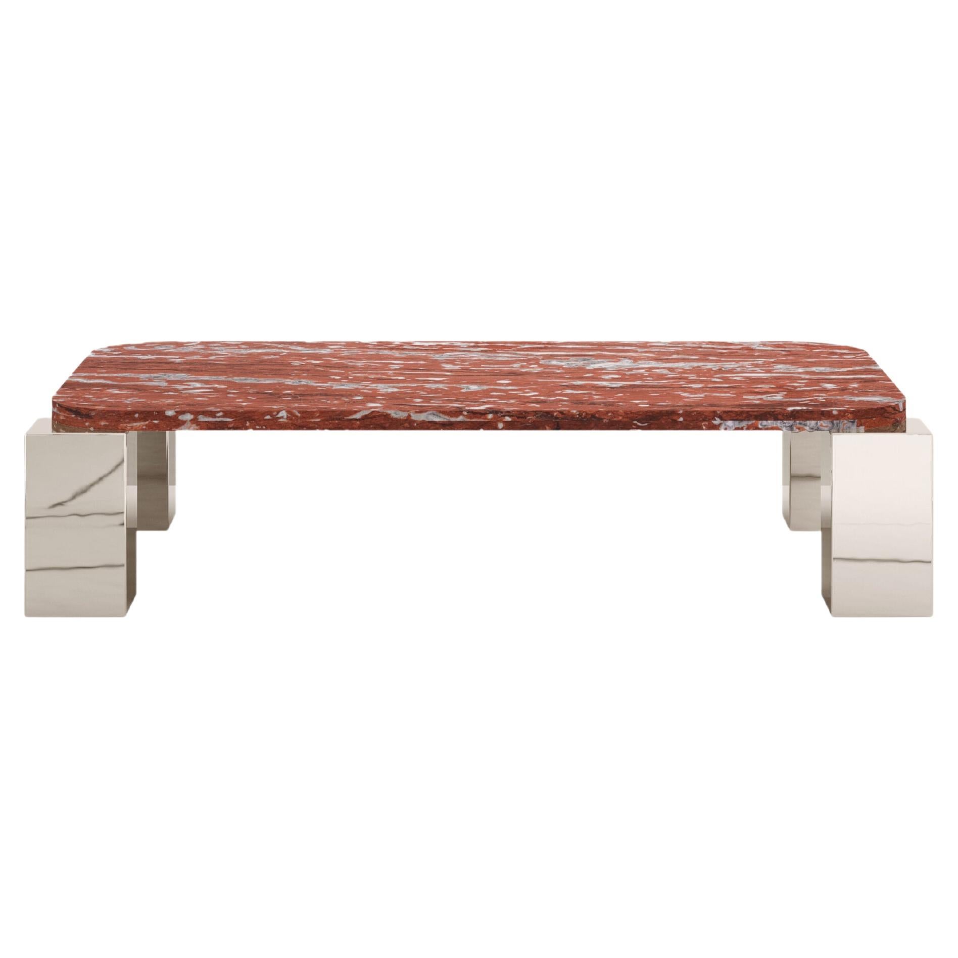 FORM(LA) Cubo Rectangle Coffee Table 50”L x 32”W x 14”H Francia Marble & Chrome For Sale