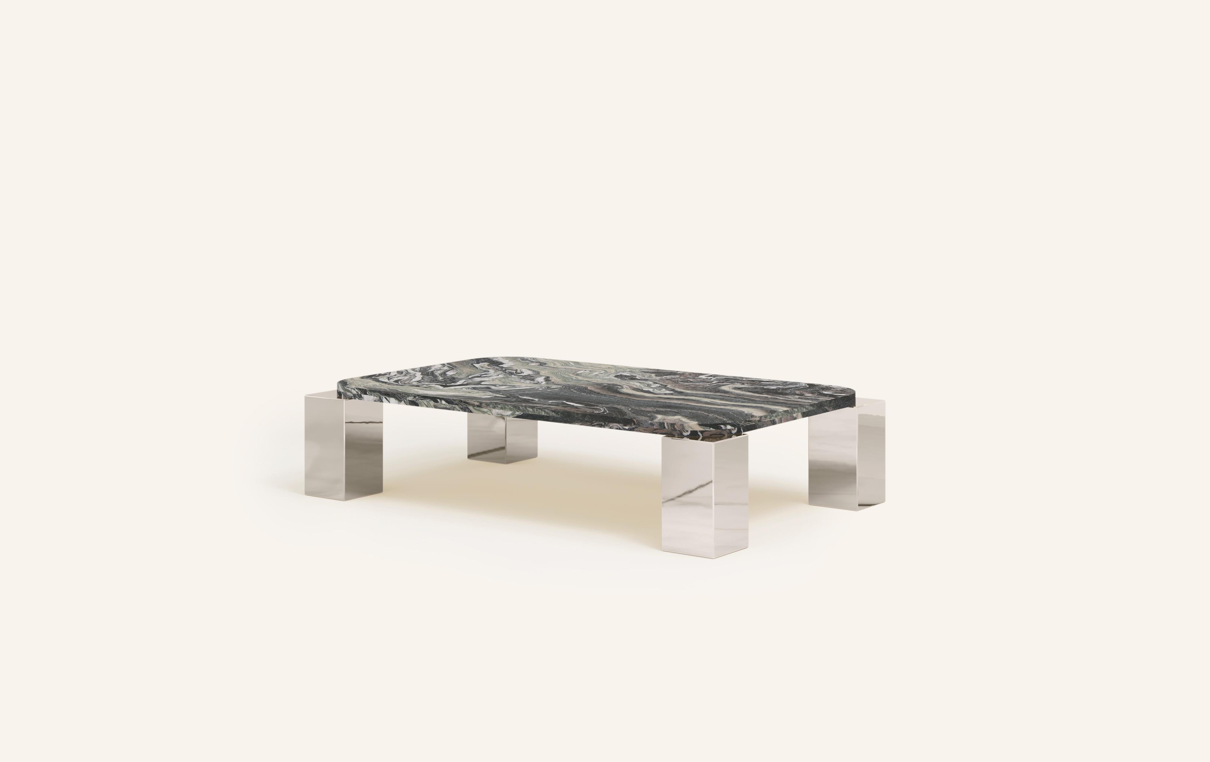 Organic Modern FORM(LA) Cubo Rectangle Coffee Table 50”L x 32”W x 14”H Ondulato Marble & Chrome For Sale