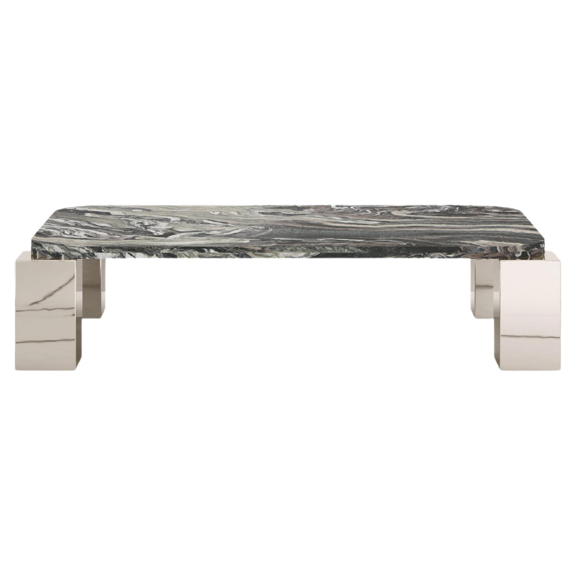 FORM(LA) Cubo Rectangle Coffee Table 50”L x 32”W x 14”H Ondulato Marble & Chrome