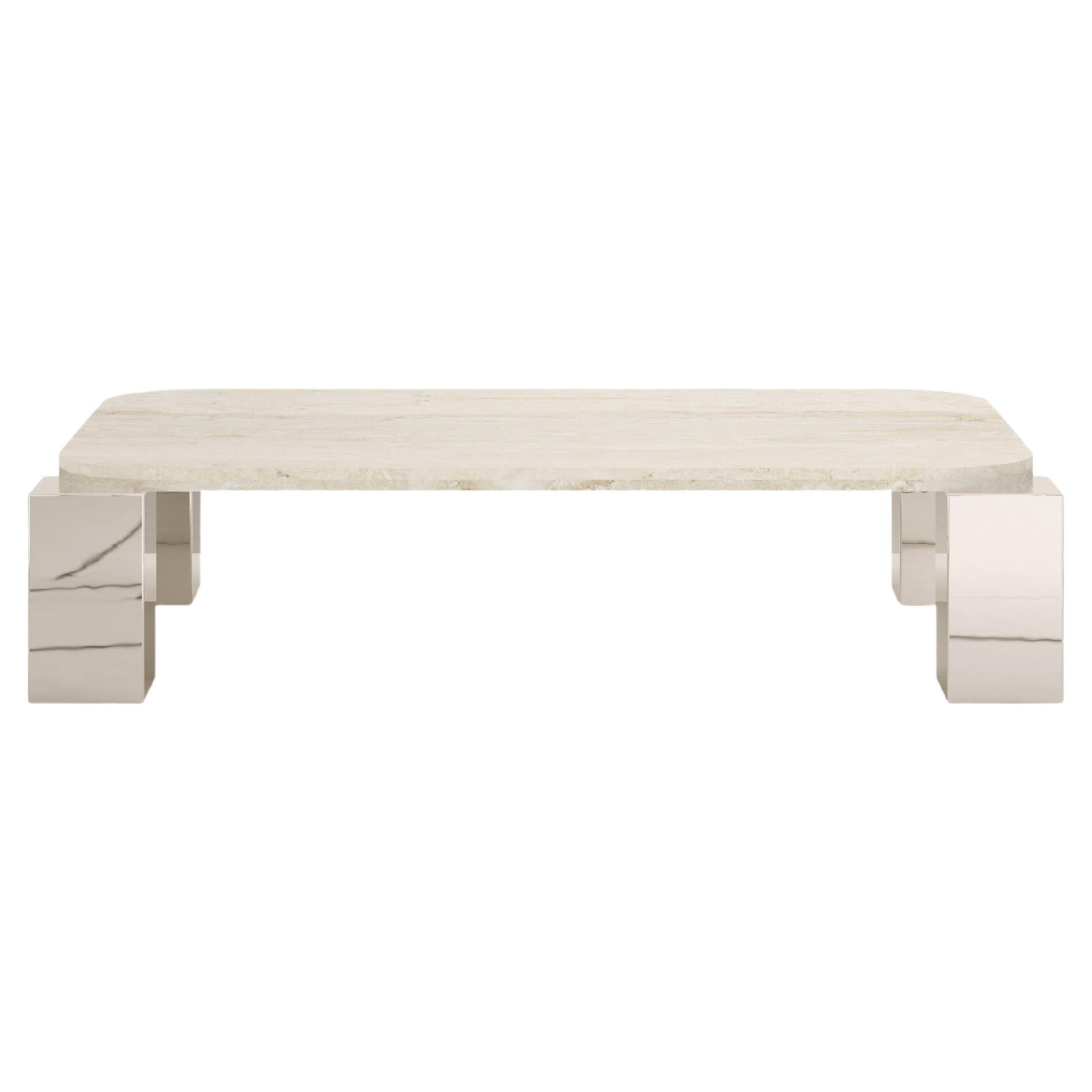 FORM(LA) Cubo Rectangle Coffee Table 50”L x 32”W x 14”H Travertino & Chrome For Sale