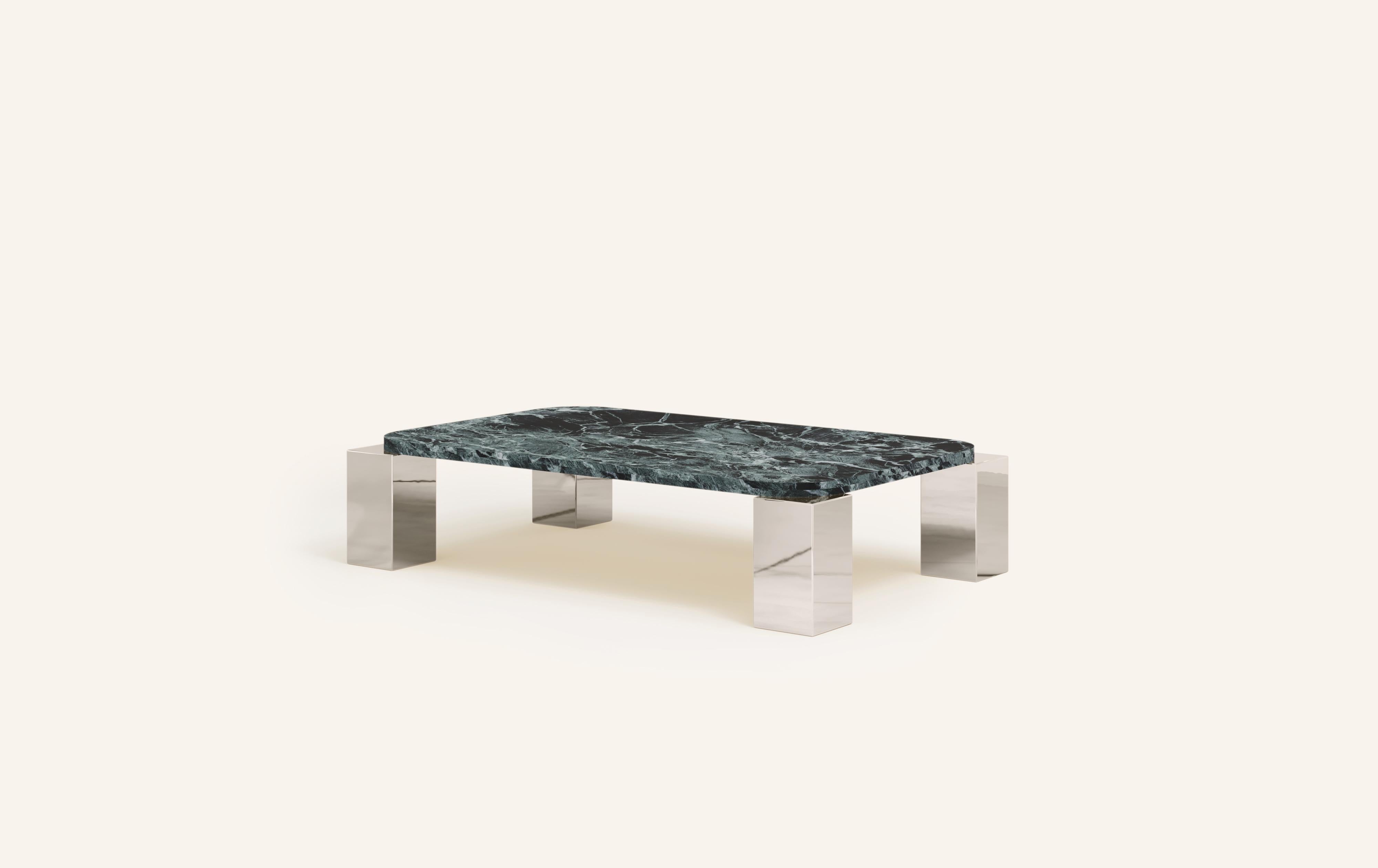 Organic Modern FORM(LA) Cubo Rectangle Coffee Table 50”L x 32”W x 14”H Verde Marble & Chrome For Sale