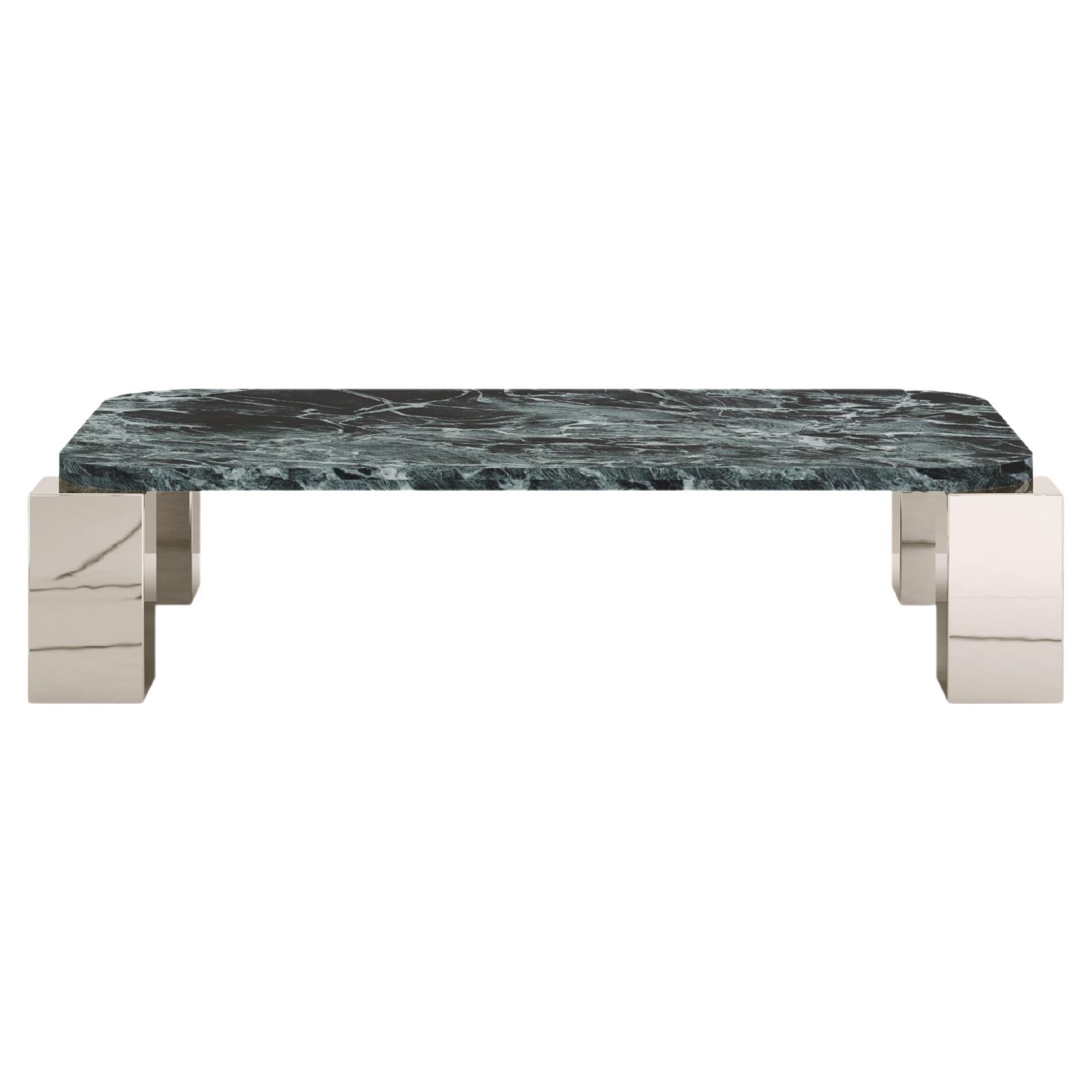 FORM(LA) Cubo Rectangle Coffee Table 50”L x 32”W x 14”H Verde Marble & Chrome For Sale