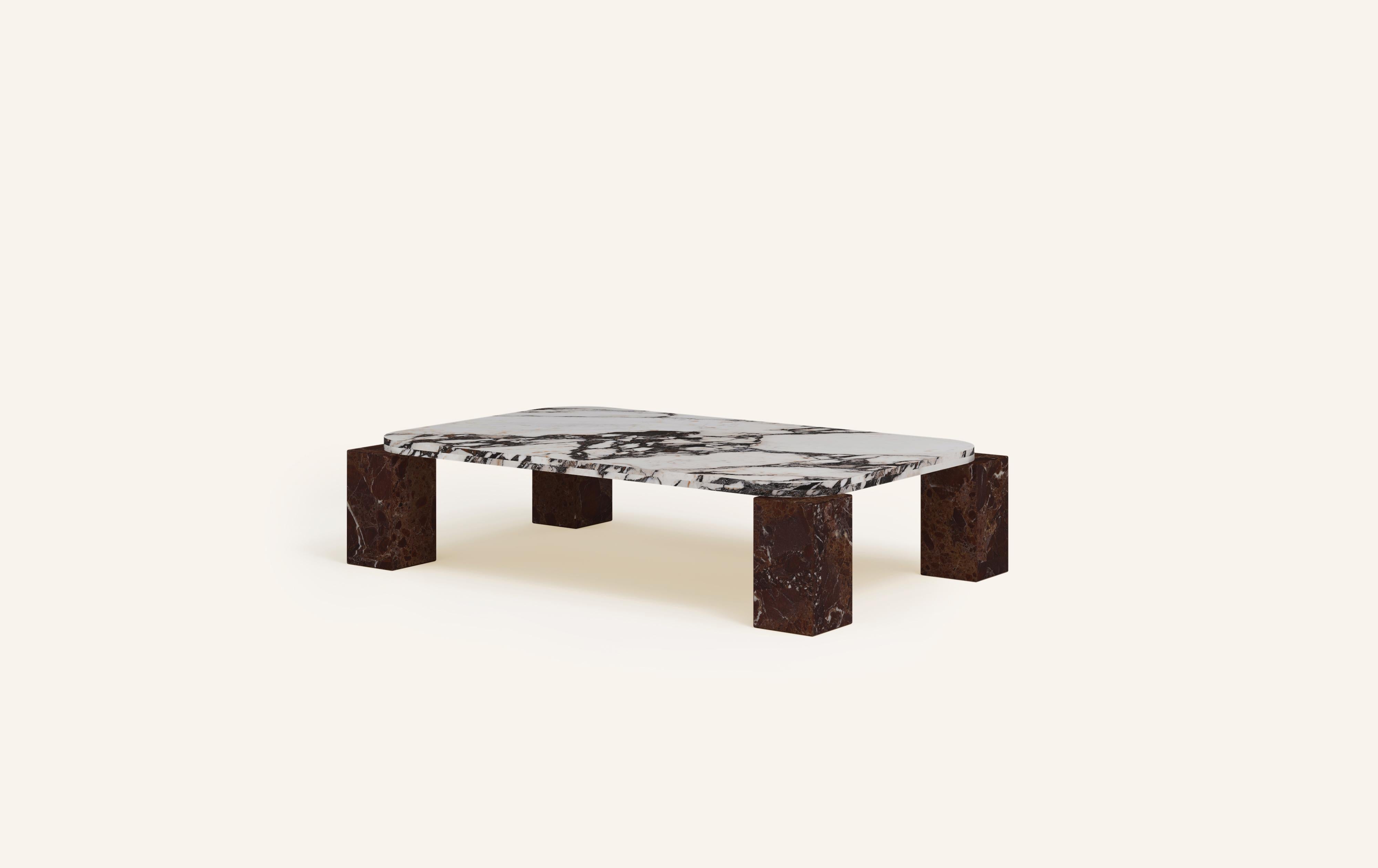 Organic Modern FORM(LA) Cubo Rectangle Coffee Table 50”L x 32”W x 14”H Viola & Rosso Marble For Sale