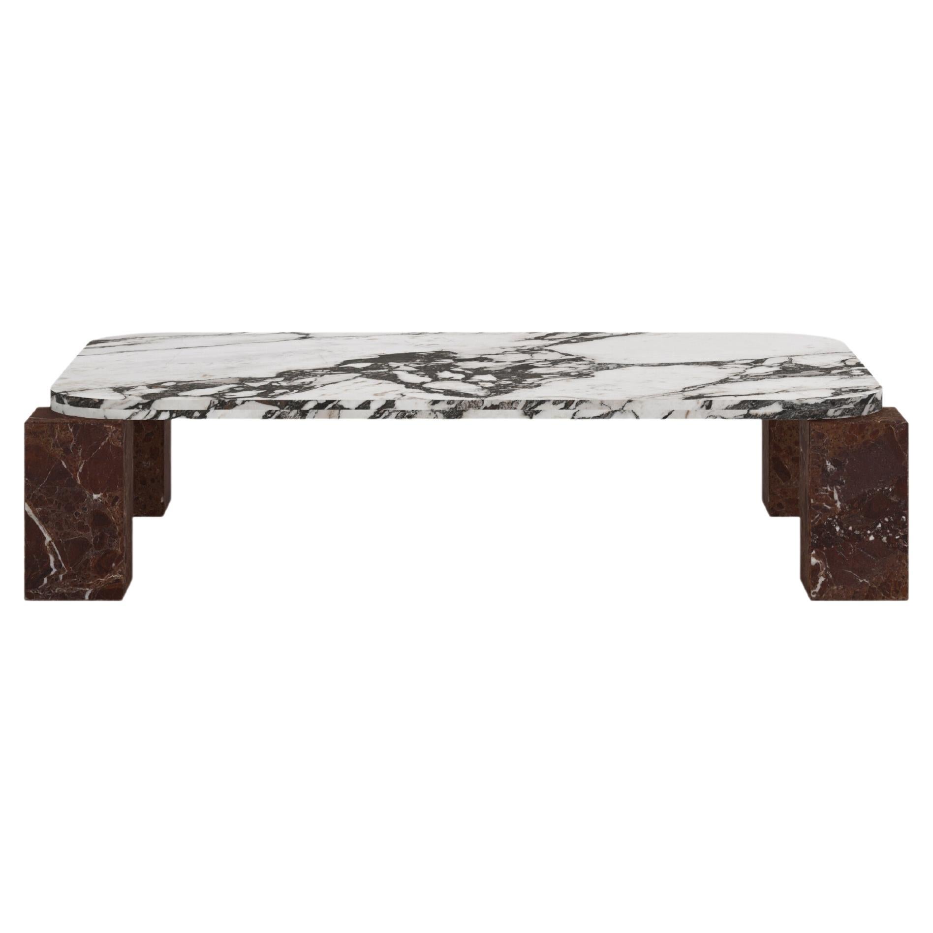 FORM(LA) Cubo Rectangle Coffee Table 50”L x 32”W x 14”H Viola & Rosso Marble For Sale