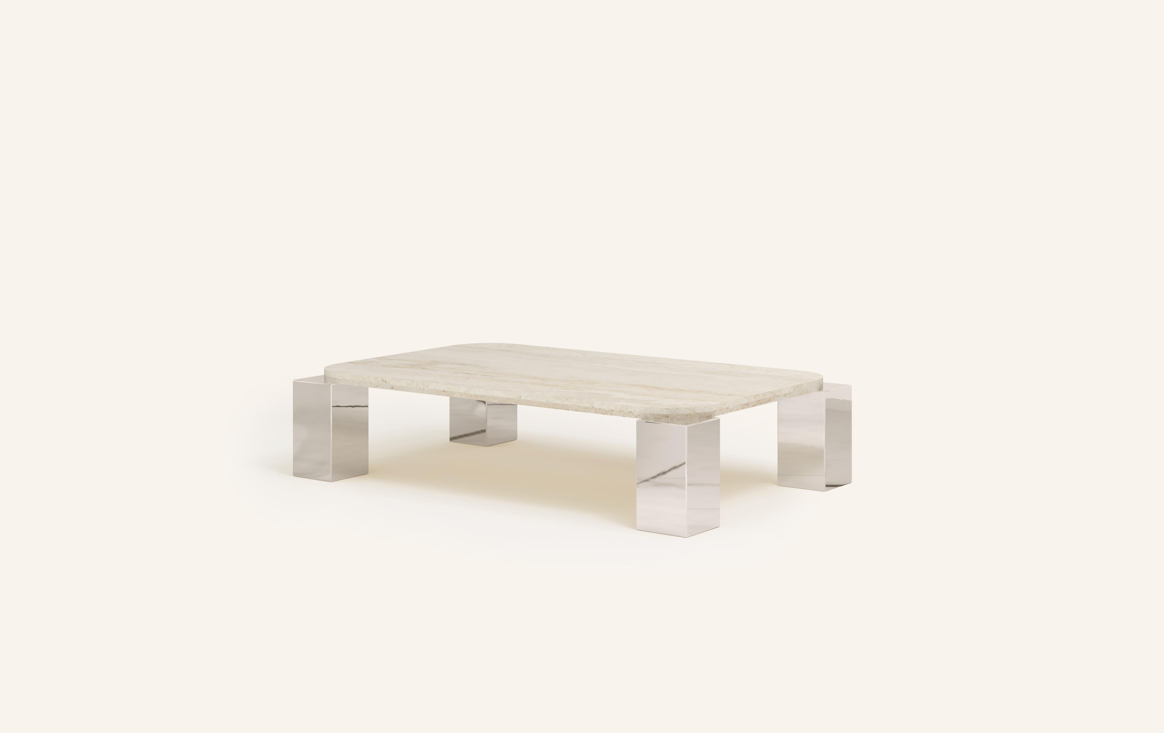 Organic Modern FORM(LA) Cubo Rectangle Coffee Table 62”L x 38”W x 14”H Travertino & Chrome For Sale