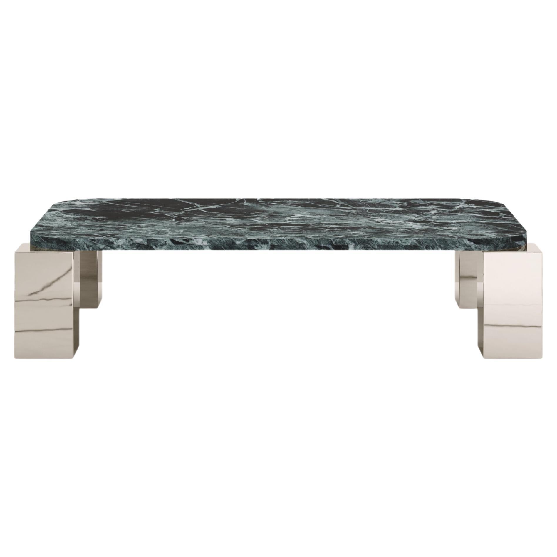 FORM(LA) Cubo Rectangle Table basse rectangulaire 62 L x 38 L x 14 H marbre Verde et chrome en vente