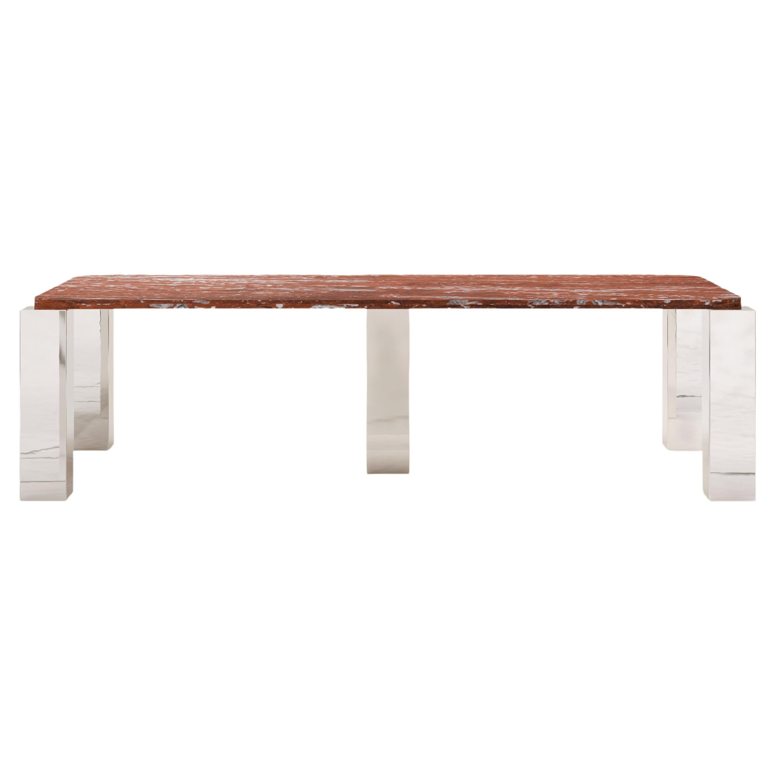 FORM(LA) Cubo Rectangle Dining Table 110”L x 50”W x 30”H Francia Marble & Chrome For Sale