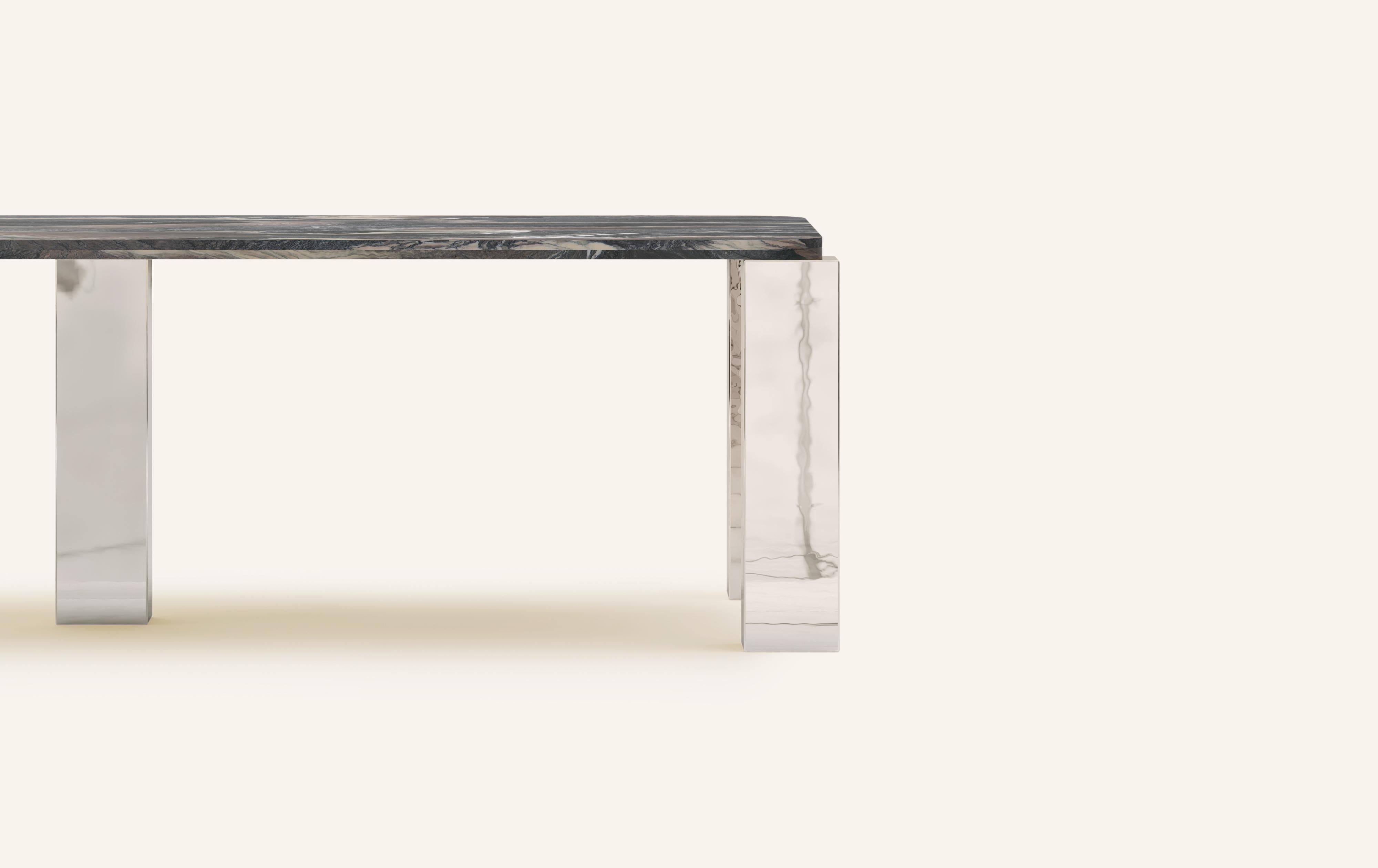 American FORM(LA) Cubo Rectangle Dining Table 110”L x 50”W x 30”H Ondulato Marble/Chrome For Sale