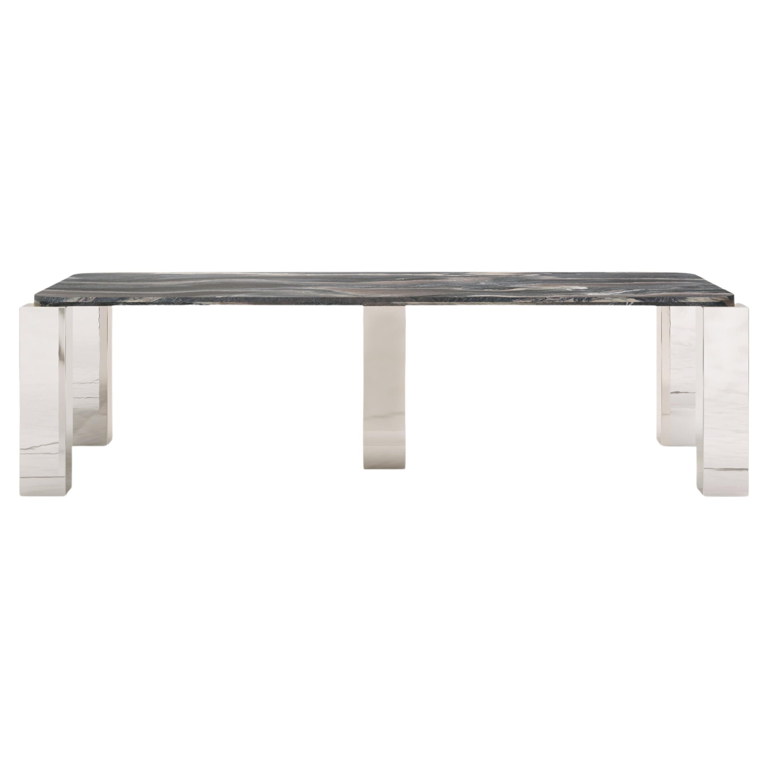 FORM(LA) Cubo Rectangle Dining Table 110”L x 50”W x 30”H Ondulato Marble/Chrome For Sale