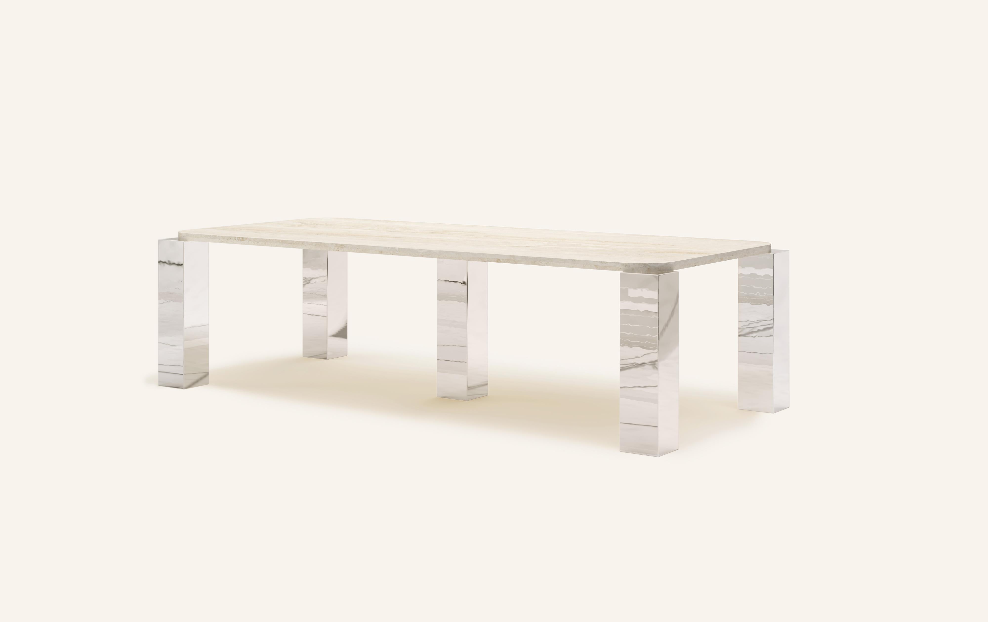 Organic Modern FORM(LA) Cubo Rectangle Dining Table 110”L x 50”W x 30”H Travertino & Chrome For Sale