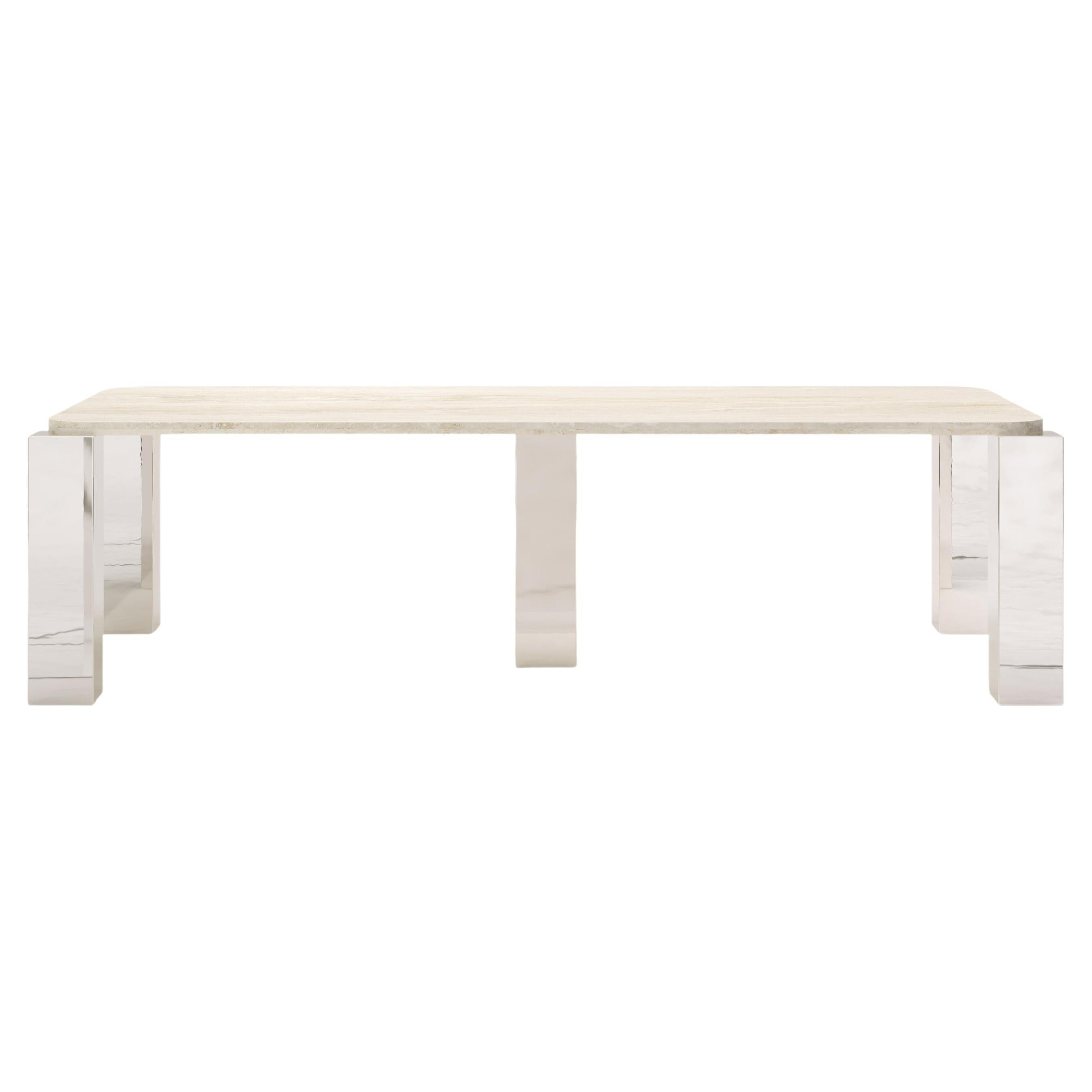 FORM(LA) Cubo Rectangle Dining Table 110”L x 50”W x 30”H Travertino & Chrome For Sale