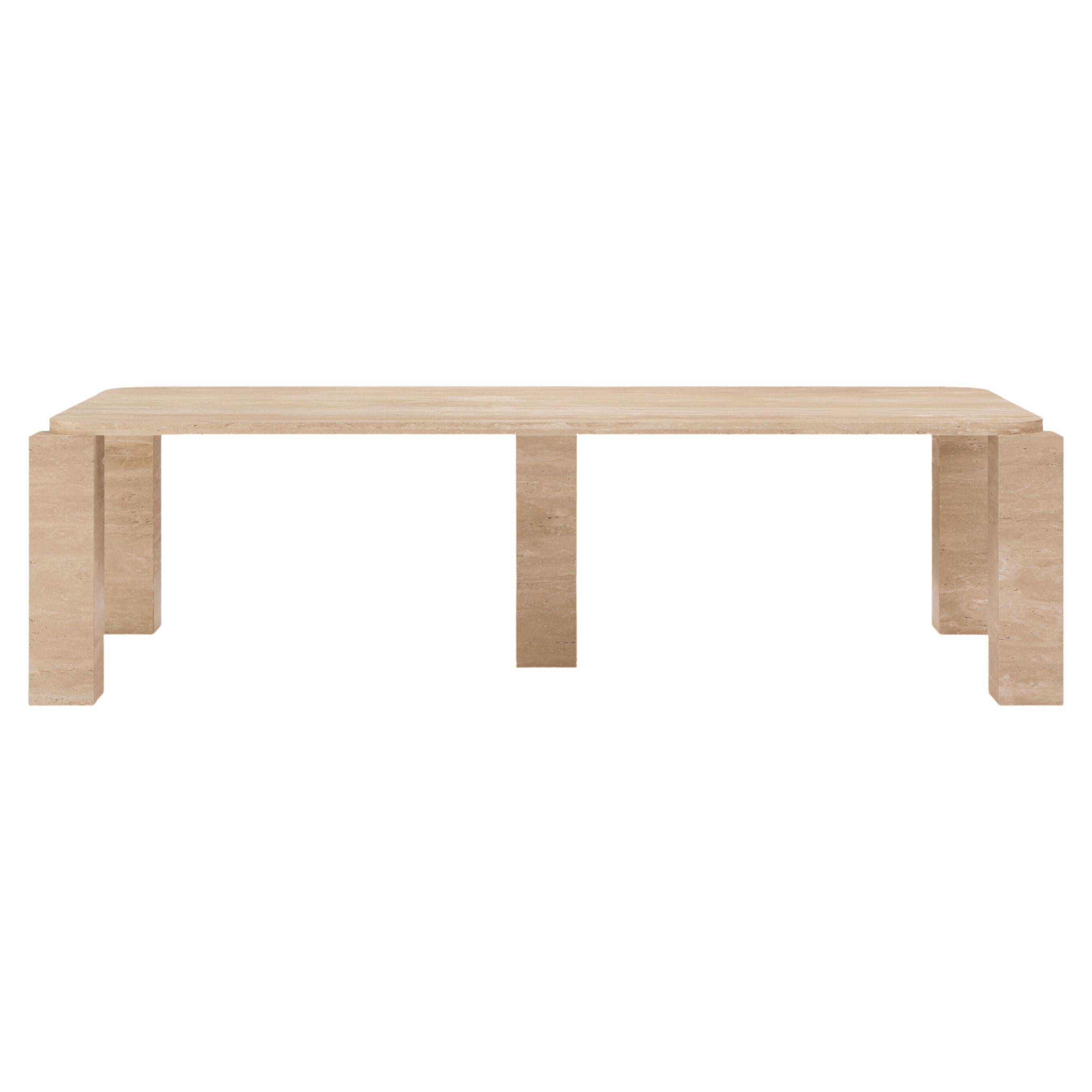 FORM(LA) Cubo Rectangle Dining Table 110”L x 50”W x 30”H Travertino Crema VC For Sale